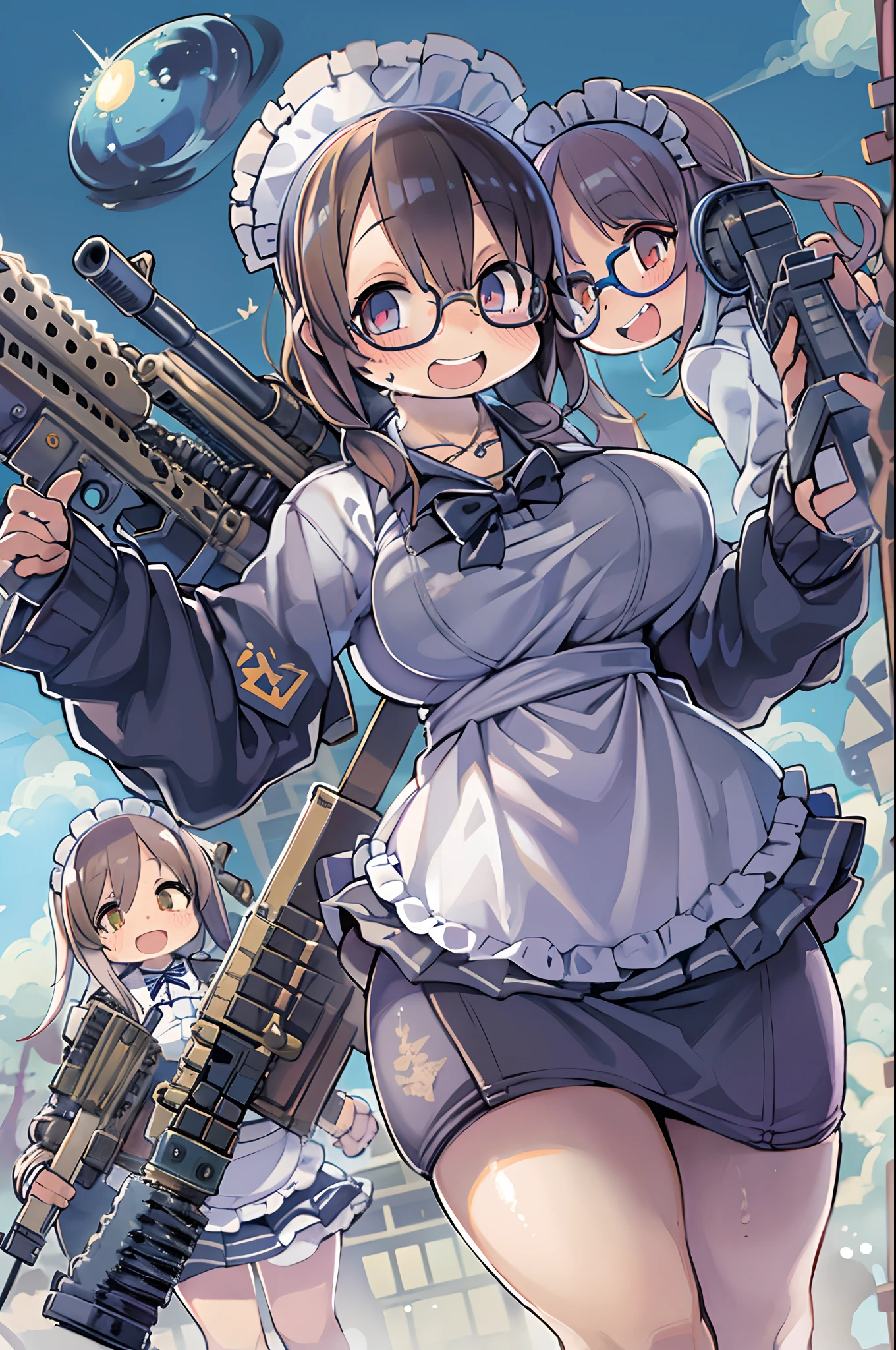 masutepiece, Best Quality, 1girl in, Empty eyes, Utsurome, maid, Smile,a child girl,Lori,(((Huge assault rifle))),rocket launcher、Multiple girls、big round glasses