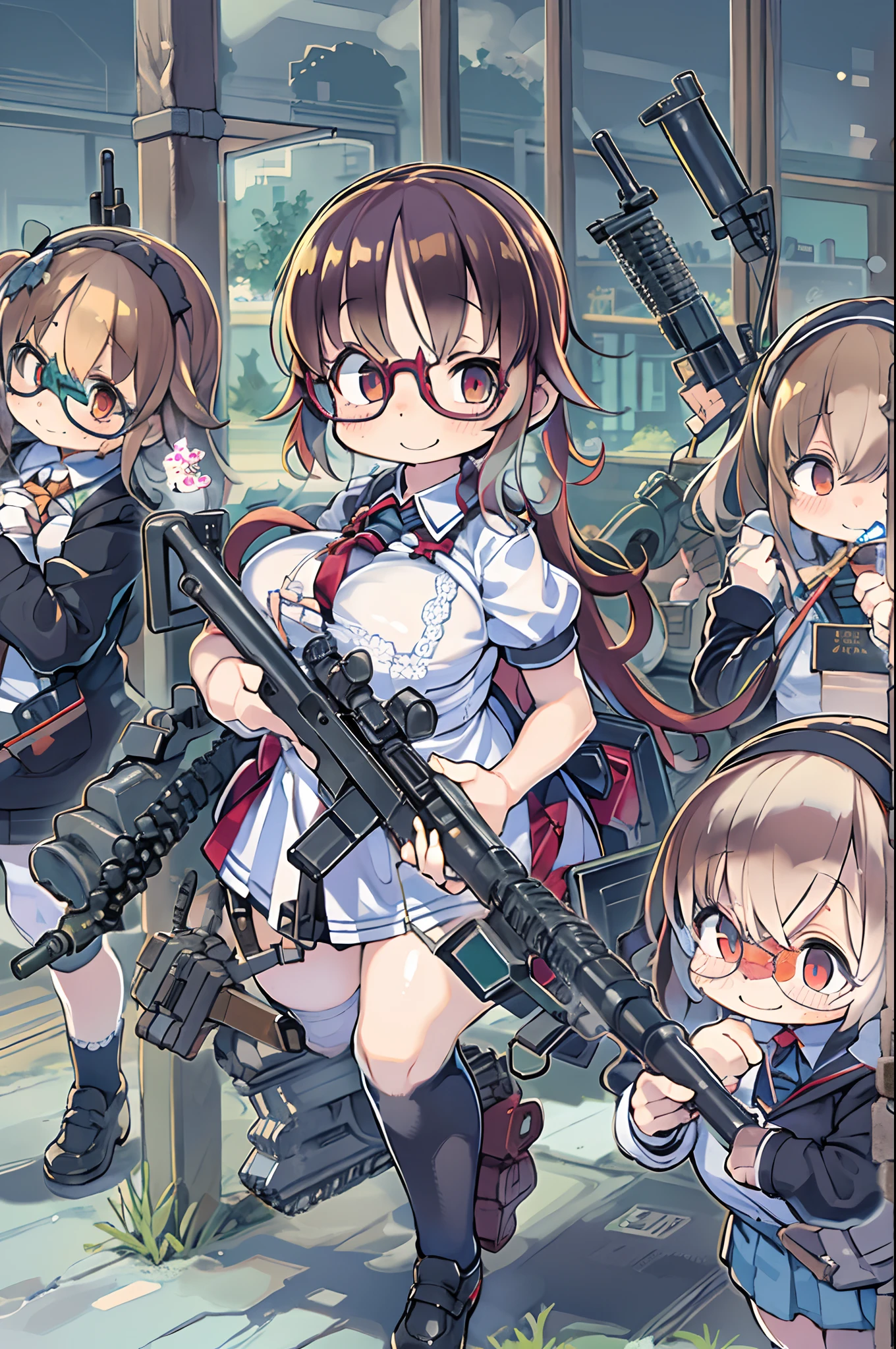masutepiece, Best Quality, 1girl in, Empty eyes, Utsurome, maid, Smile,a child girl,Lori,(((Huge assault rifle))),rocket launcher、Multiple girls、big round glasses