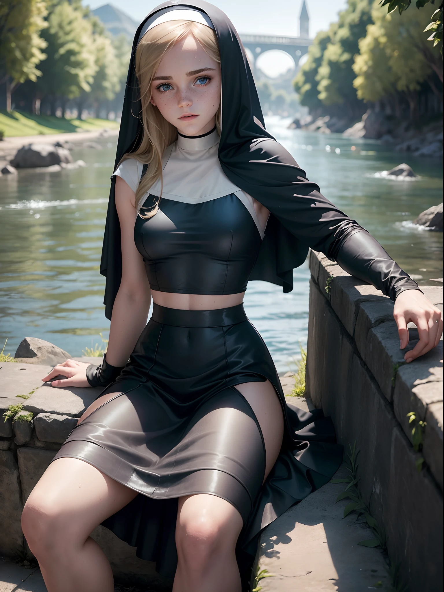  emma watson as a nun blonde. freckles. sparkly blue eyes that speak of innocence and acceptance. Slender frame and beautiful figure. tight fishnet skirt. crop top. see-through outfit. background river. ripped clothes exposing muscle. sci-fi. sitting. wet.