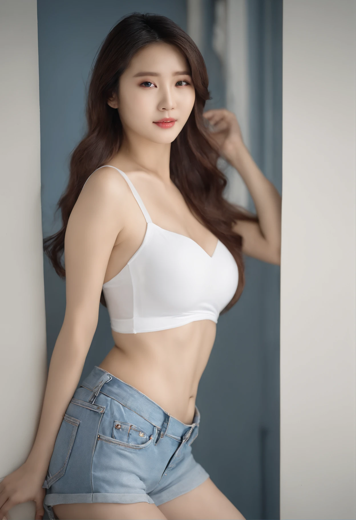 Momoland sexarafed asian woman in a white shirt and panties leaning against a wall, korean girl, korean woman, beautiful south korean woman, calvin klein photography, her belly button is exposed, korean women's fashion model, gorgeous young korean woman, inspired by Kim Deuk-sin, photo of slim girl model, sakimichan, thin waist, taejune kim, korean girl, beautiful young korean woman, korean woman, heonhwa choe , big breast, show breast, light white hair