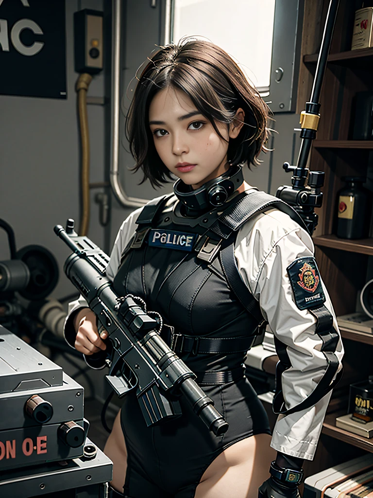 Highest image quality, outstanding details, ultra-high resolution, (realism: 1.4), ((portrait:0.75)), highly condensed 1 lady, with beautiful and a delicate face, perfect proportion, aiming the viewer, ((aiming the viewer)), (chubby:0.3, small breasts), (cloths color base ratio black:0.4 white:0.5 other-color:0.1), (wearing rash-guard likes police uniform, black and gray mecha, wearing high-tech heavy gasmask, military harness, holding a machinegun, carrying hich-tech-flamethrower -tank on back), captain, background simple gray wall,