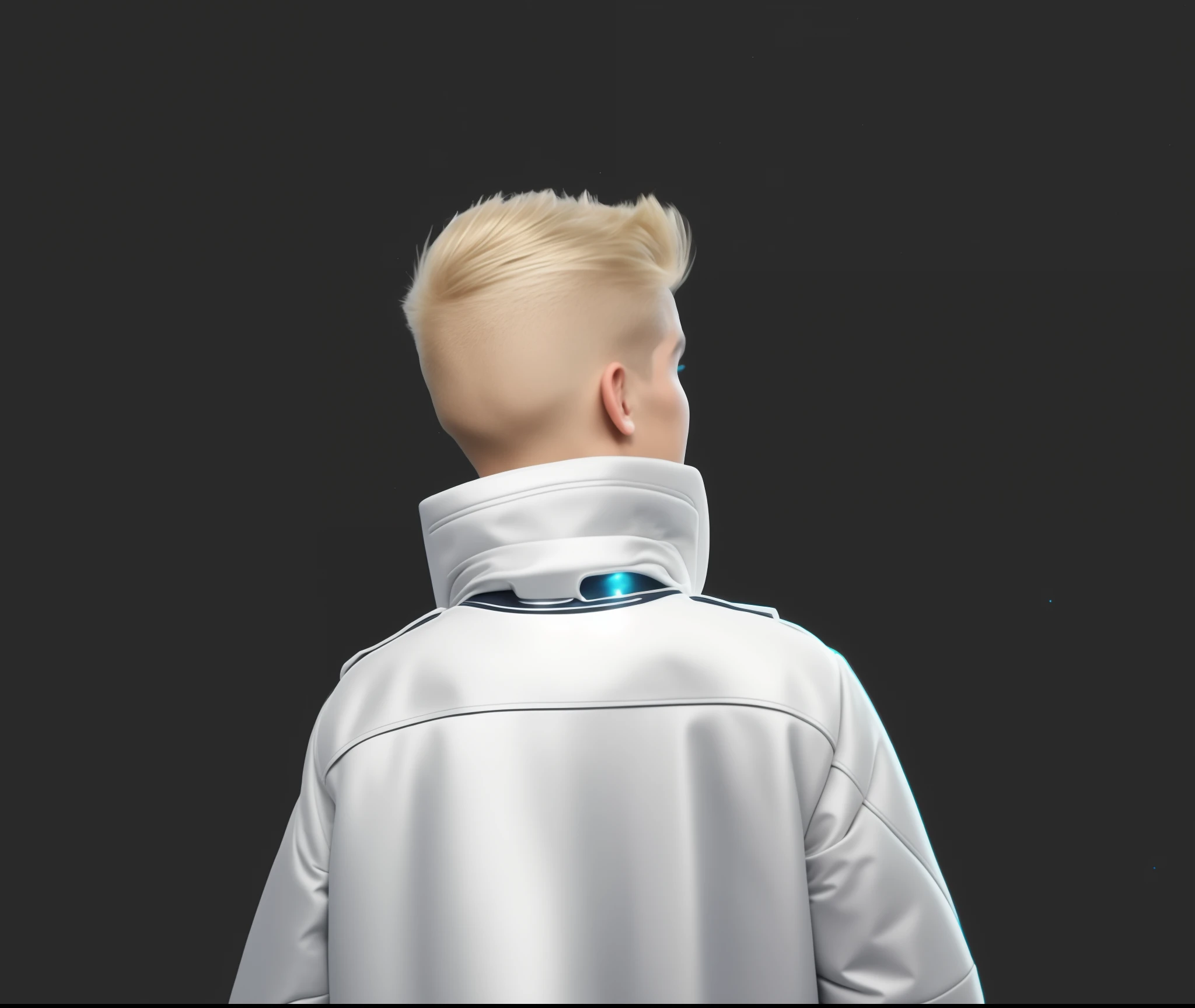 jovem garoto loiro com cabelos loiros e com topete na frente vestindo uma jaqueta futurista branca, jaqueta futura, 3 d render de jerma 9 8 5, With your back to the camera, Ultra realista