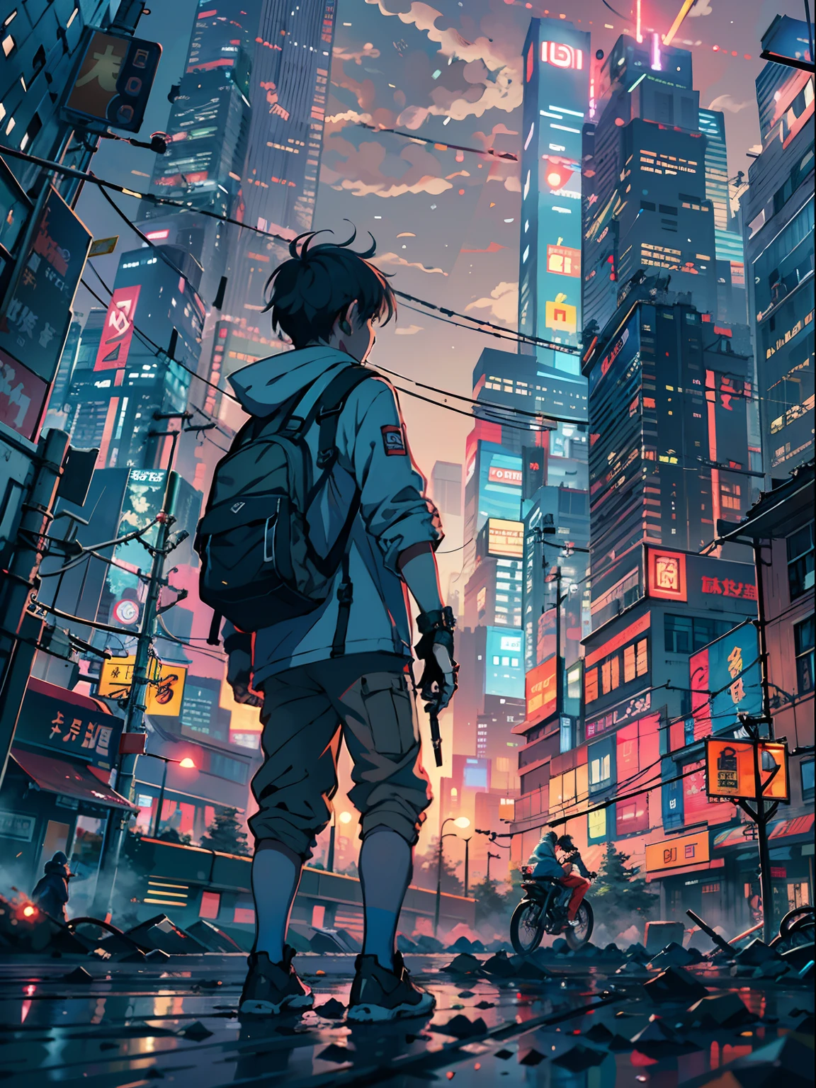 1boy,a 13 yo boy、Cyberpunk Boy、katanas,machine gun、Whole body bloody、The beginning of the adventure、Lots of clouds,heavy fog、starrysky、Moon,Chaotic city of the future、Movie dystopia、A group of very tall skyscrapers stands in the center、Very complex cityscape,Crowded Chinese skyscrapers、street signs、streetlights、taxis、buses、Train、blue lighting,Dark road、puddles、Chaotic、Beautiful and fantastic scenery、Cinematic scenery、hightquality、masutepiece,in 8K、hight resolution、