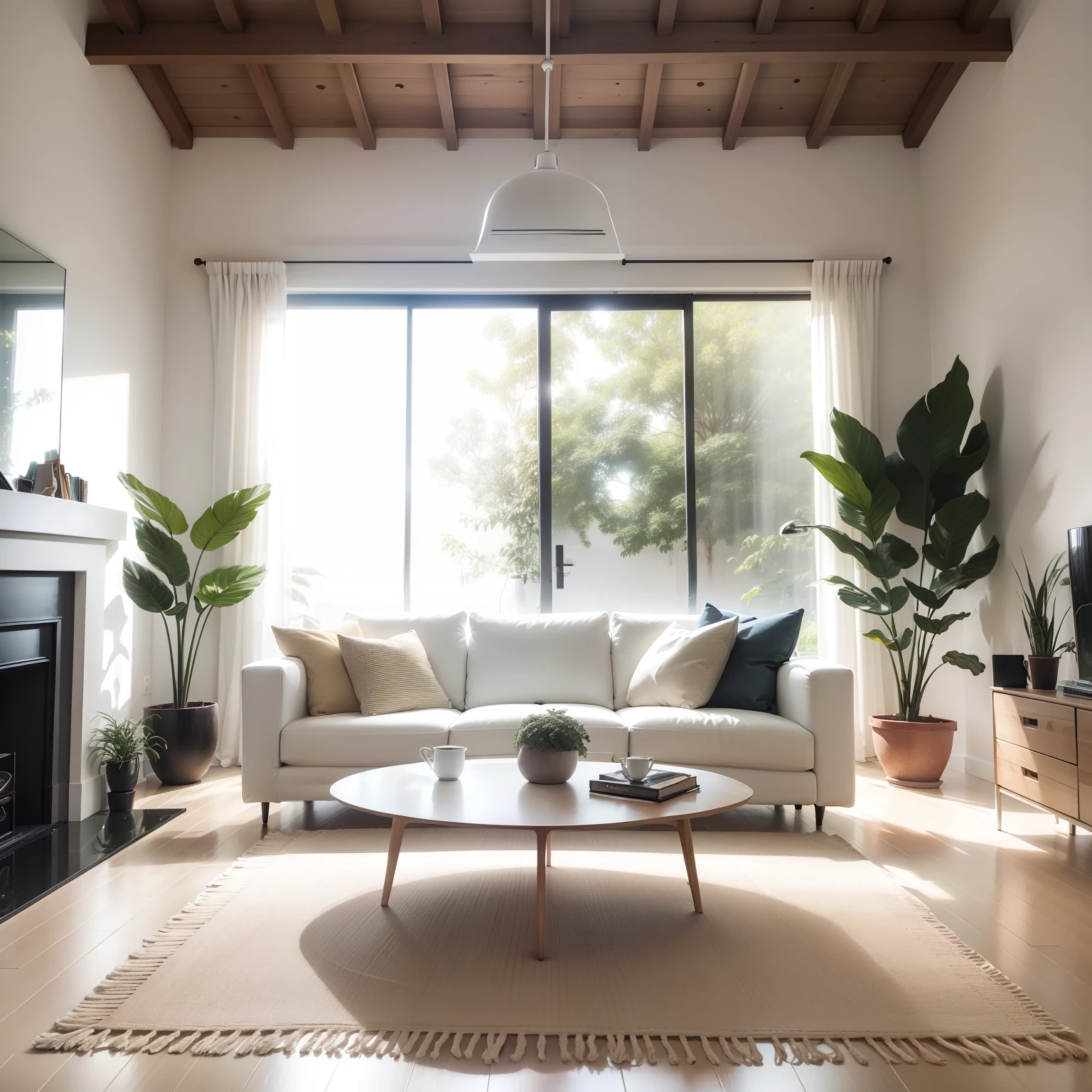 In a large bright living room,Coffee table minimalist style,In the middle is a large pot of white monstera