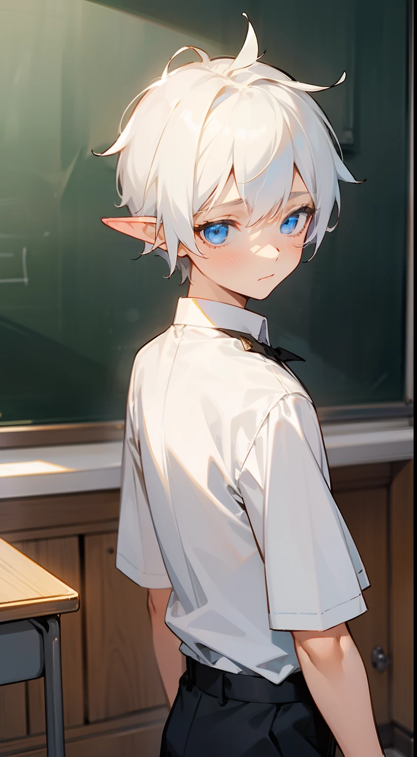 1boy,,small,solo,shy,looking to down,white shirt,black pants,Short hair,white hair,light blue eyes,elve ear,classroom