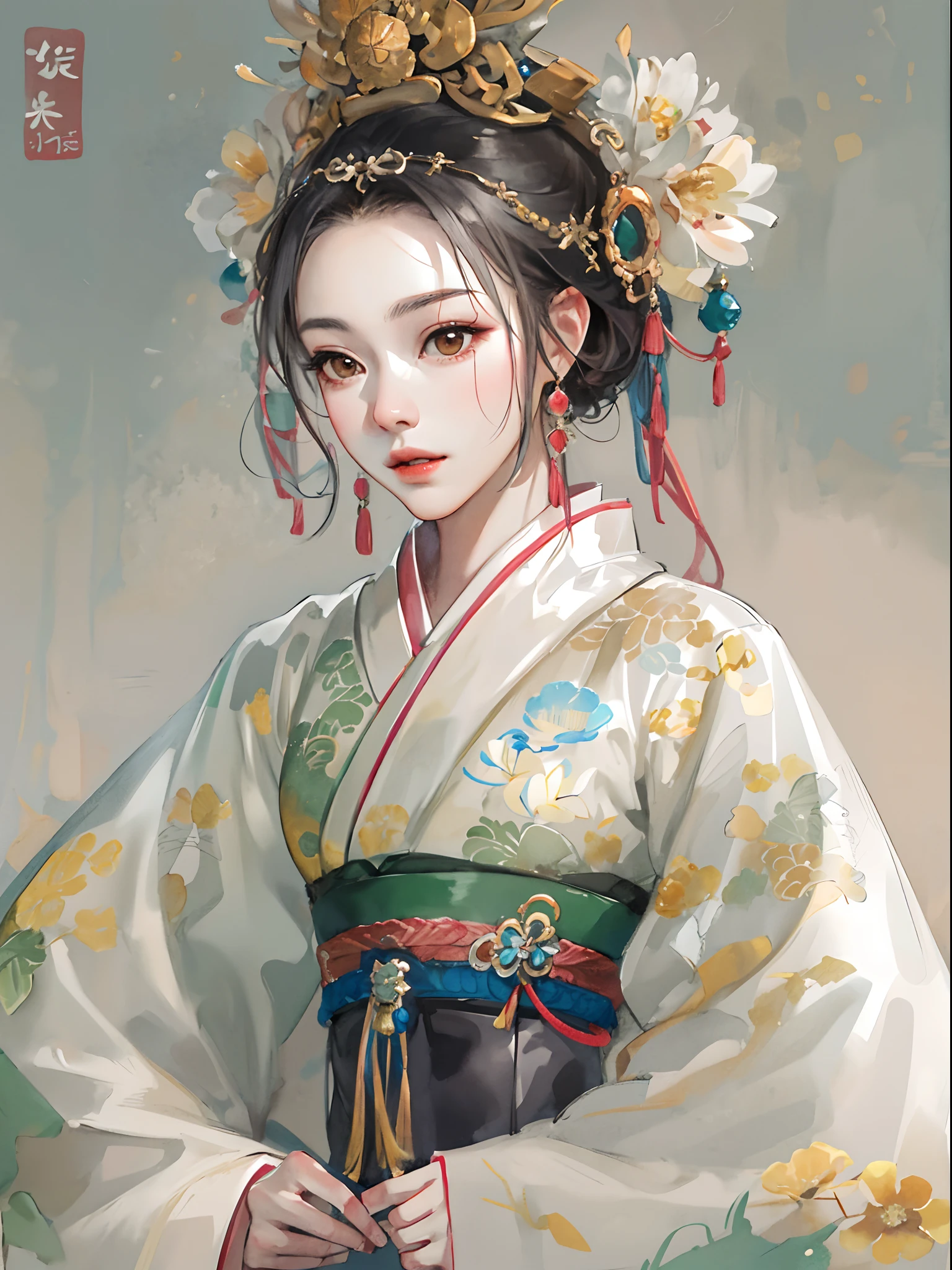 (tmasterpiece:1.2,best qualtiy),(Very detailed face,Real pictures,Realistic skin,photorealistic body,Complicated details),独奏,1girll,Traditional Chinese clothing,Tang dynasty Hanfu,(aquarelle:1.3),Oiran,