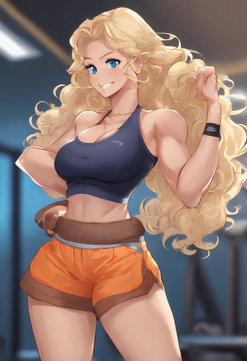 mini shorts, navel, armpits, sweaty, gym, blonde hair, long hair, blue eyes, curly hair, squatting, smiling, cameltoe, high quality, 8k wallpaper, big tits, cleavage