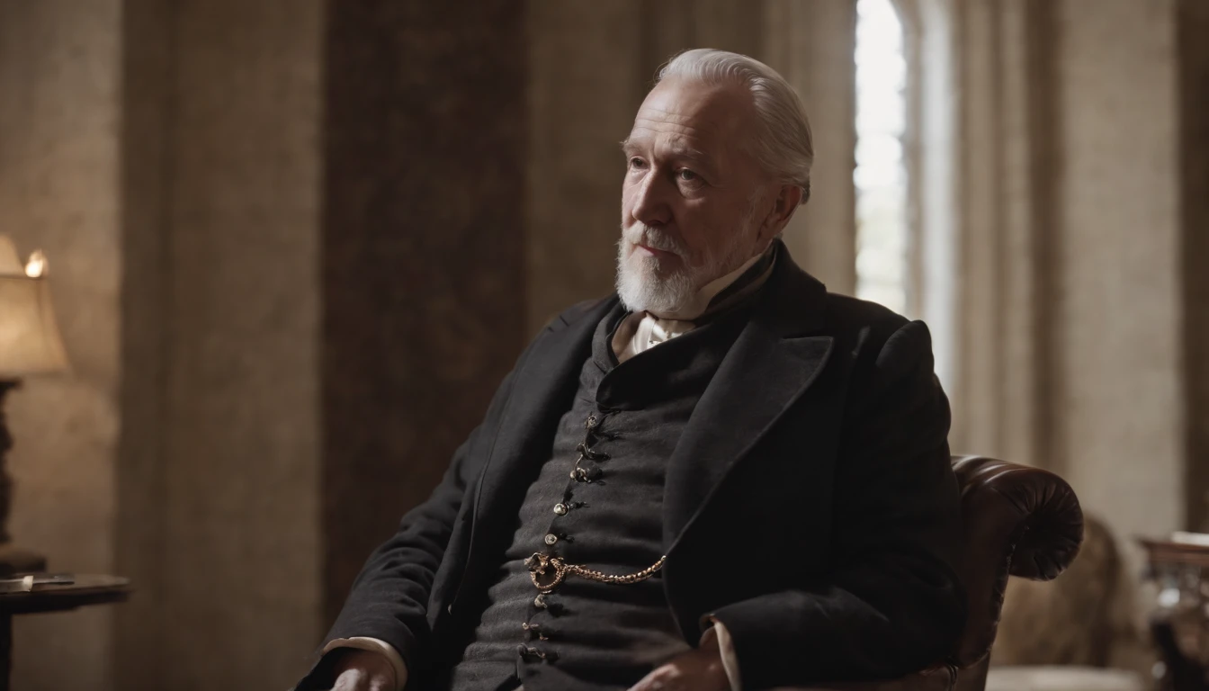 Old gentleman with a goatee,sit on chair,Black riding boots, 8K分辨率,Wallpaper masterpiece,Best quality,Highly meticulous,Ultra high quality,The midday sun is a bit dazzling