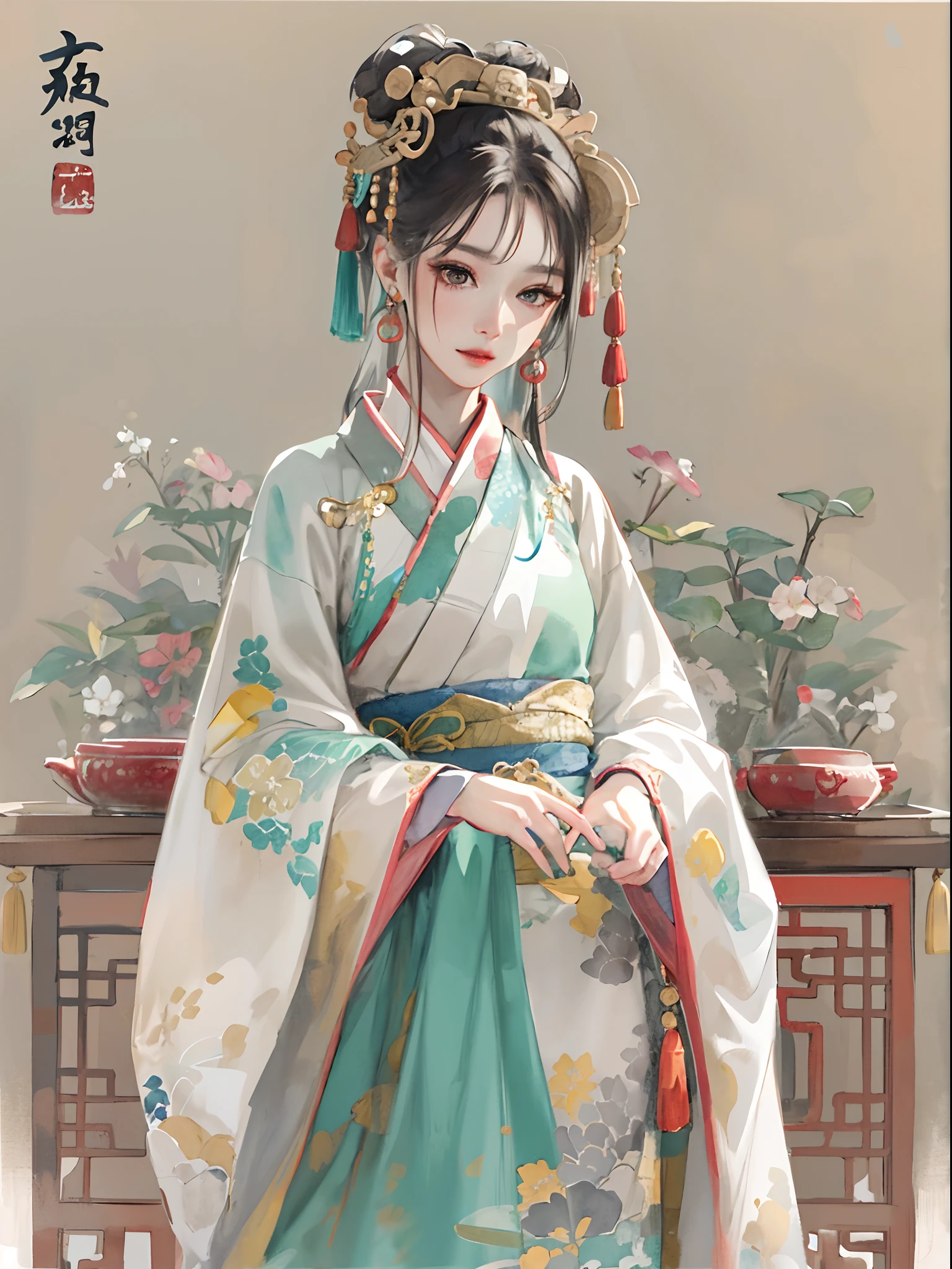 （tmasterpiece：1.2，best qualtiy），（Very detailed face，Real pictures，Realistic skin，photorealistic body，Complicated details），独奏，1girll，Traditional Chinese clothing，Tang dynasty Hanfu，（aquarelle：1.3），Oiran，