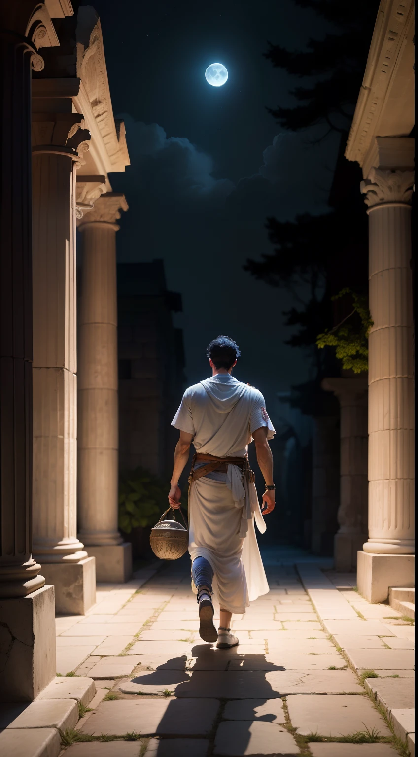 Personajes: Edipo, the inexorable path.Description: Edipo resigning himself to an inescapable fate.epoch: Ancient Greece.Lugar: A moonlit courtyard.action: Accepting his destiny with a heavy heart.Background: A courtyard with ancient Greek columns.Tipo de plano: Medium shot of Edipo under the moonlight.Estilo: Hyper-realistic, cinematic.