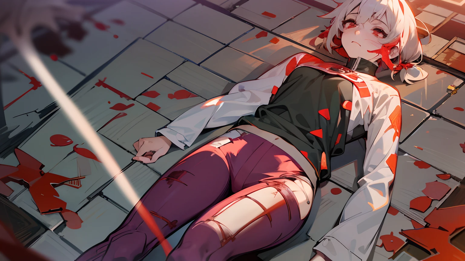 ((masterpiece, best quality, extremely detailed CG, unity 8k wallpaper,anatomically correct,ultra resolution)),Award-winning photography,(best illumination,Very Delicate and Beautiful),(2girls,face to face,one hand holding sword,loli:1.5),(Vampire:1.45),silver hair,(twintails:1.2),glowing red eyes,(pale skin:1.45),(extremely beautiful and detailed face:1.2), (extremely beautiful and detailed eyes:1.2),perfect hands,delicate legs,((bat hair ornament)),(graceful,fashion),pointy ears,((nike hoodie:1.4,sports shorts,sports shoes,black leather gloves,black naked socks)),(lying on side:1.3),tears,(cute:1.5),((night, dark atmosphere, dark theme, darkness:1.5)),dramatic shadows,(dimly lit:1.5),blood on face,blood on floor, blood on walls,(blood mist,blood splash:1.4),depth of field,(in bedroom:1.3,table lamp,computer),(perfect human body structure with maximum precision)