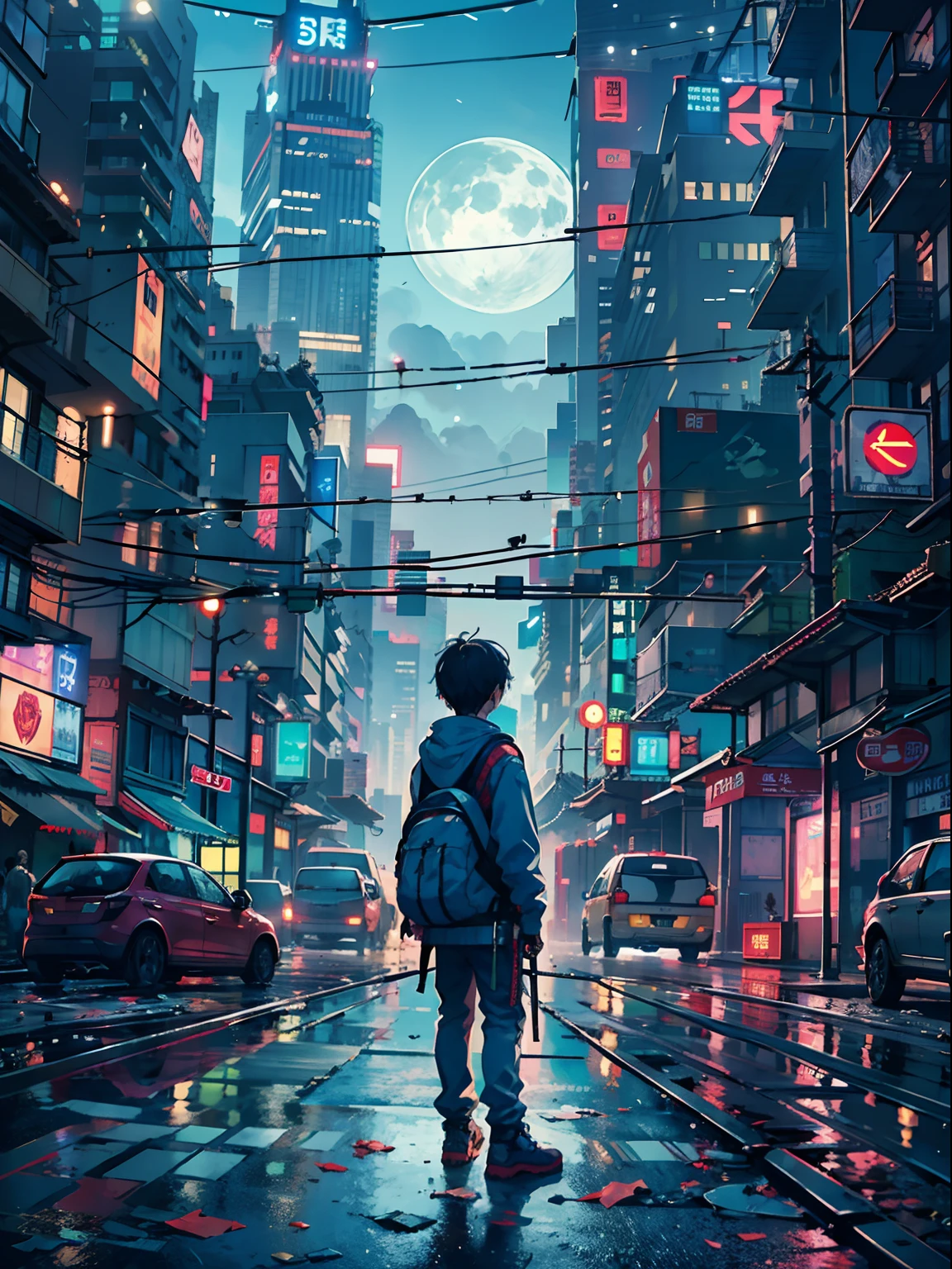 1boy,a 13 yo boy、Cyberpunk Boy、katanas,machine gun、Whole body bloody、The beginning of the adventure、Lots of clouds,heavy fog、starrysky、Moon,Chaotic city of the future、Movie dystopia、A group of very tall skyscrapers stands in the center、Very complex cityscape,Crowded Chinese skyscrapers、street signs、streetlights、taxis、buses、Train、blue lighting,Dark road、puddles、Chaotic、Beautiful and fantastic scenery、Cinematic scenery、hightquality、masutepiece,in 8K、hight resolution、