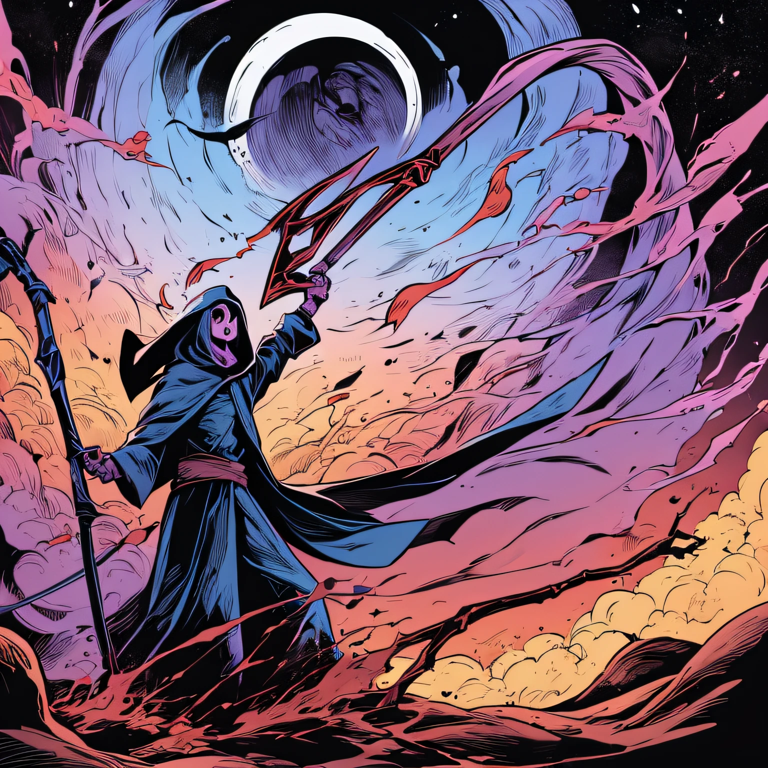 Grim Reaper with a giant scythe、Hell、Purple costume、Light blue and orange flame