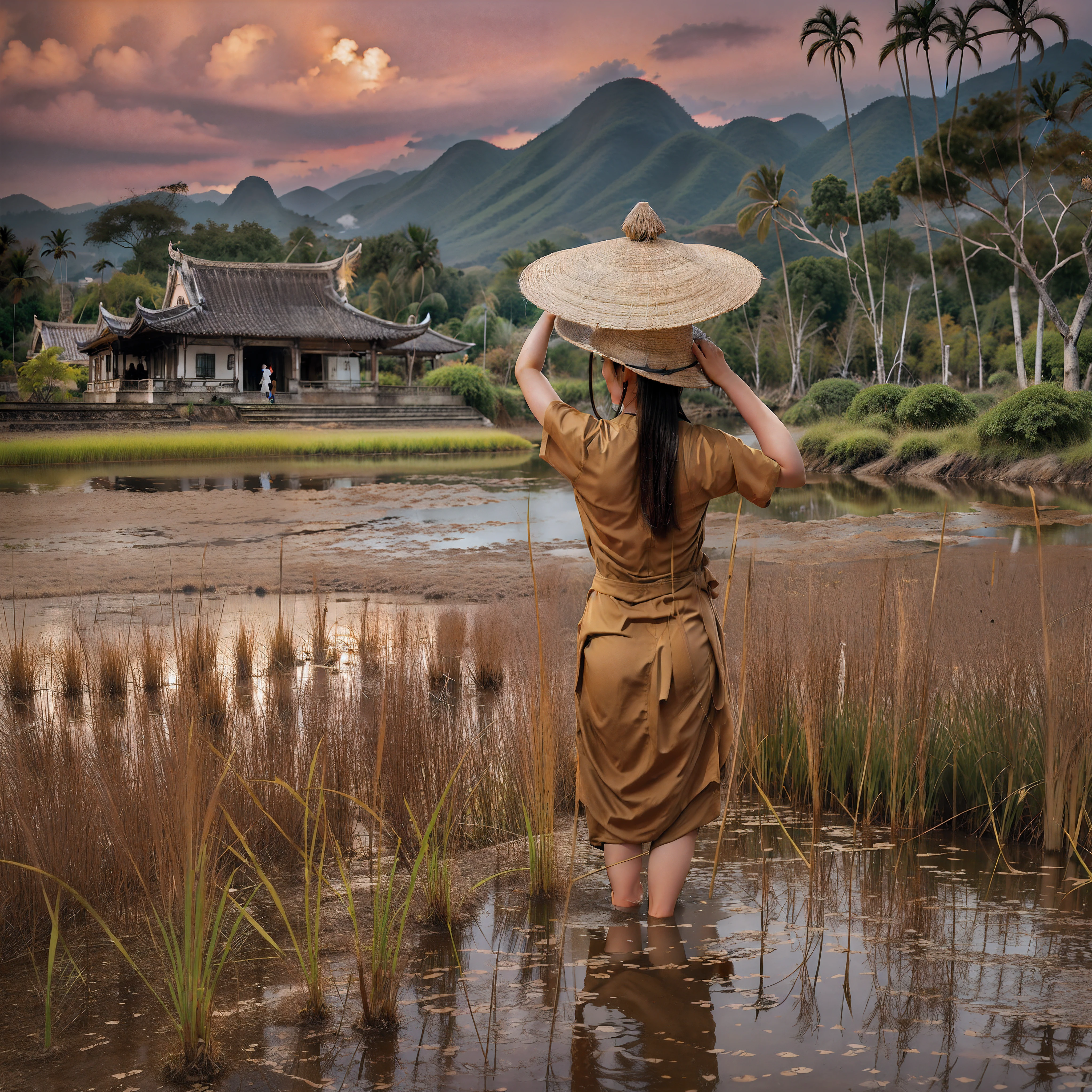uma menina com traje de prostituta, tradicional do Laos, Standing in a lush green rice field, cercado por altas montanhas, (Novo), rostinho bonito, Detailed Lao hat, (((batom vermelho))), pubic hair, e tatuagens, sexy, sedutora, exuberante, olhos puxados, alto, foco nítido,forte efeito HDR,cores vibrantes,etherial lighting, Templo ao fundo, arquitetura tradicional do Laos com detalhes intrincados,telhados ornamentados,Lotus flowers in a pond,Reflections of the girl and the temple in the water, infinite expanse of green rice fields, mistura harmoniosa de natureza e cultura
