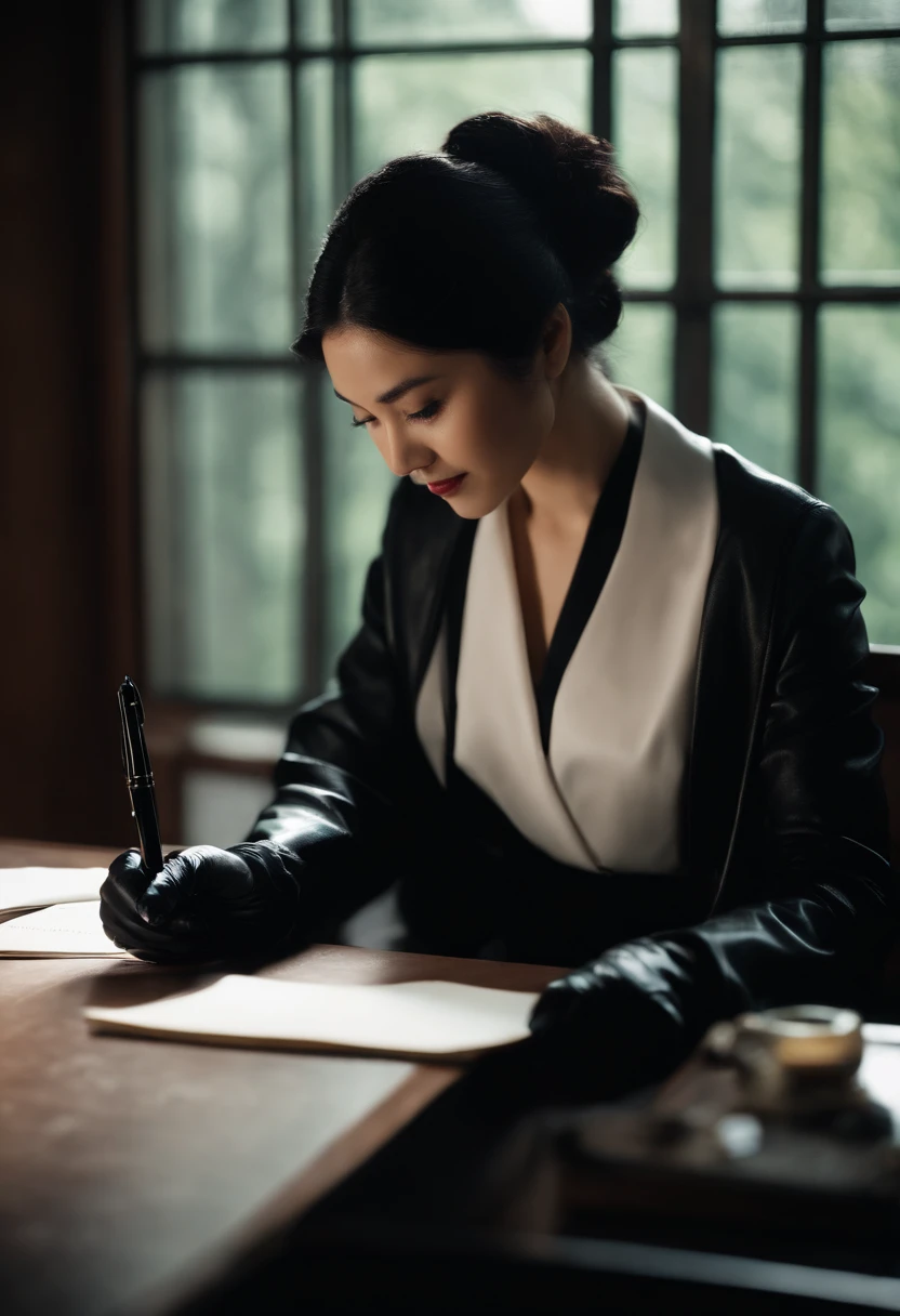 Wearing black leather gloves in both hands, upper body, black leather trench coat, facing the desk in the modern study in the dark, looking down and smiling, writing a letter using a fountain pen Long straight black hair Young Japanese woman (black leather gloves cover both hands)