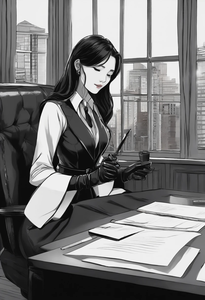 Wearing black leather gloves in both hands, upper body, black leather trench coat, facing the desk in the modern study in the dark, looking down and smiling, writing a letter using a fountain pen Long straight black hair Young Japanese woman (black leather gloves cover both hands)