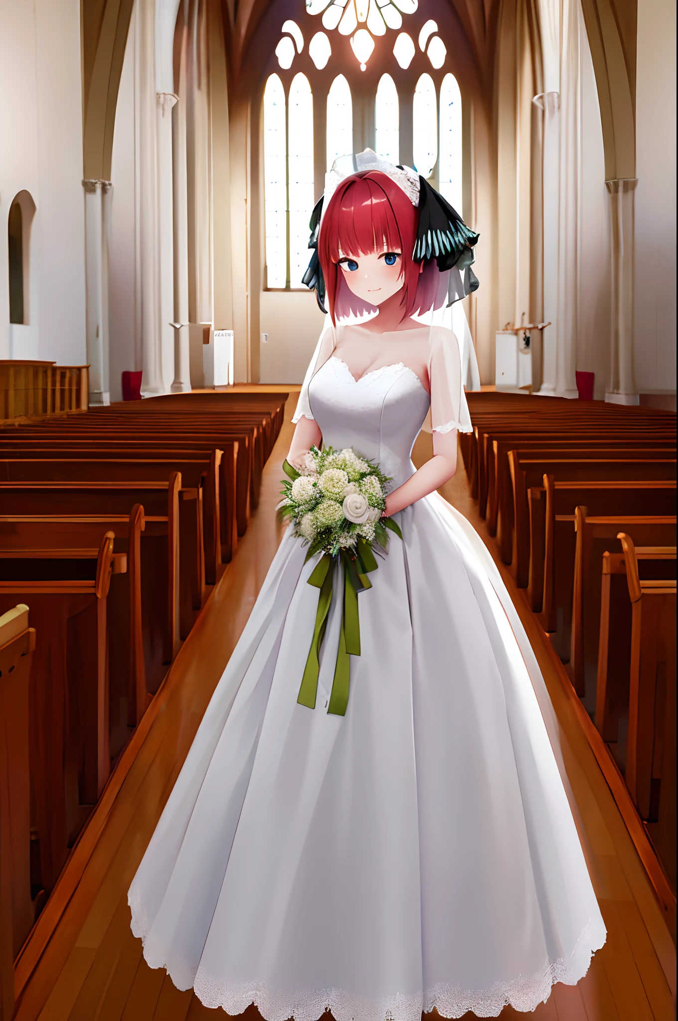 masterpiece, best quality, highres, nn1, 1girl, hair ribbon, short hair, wedding dress, wedding_veil, bouquet, church, cowboy shot,