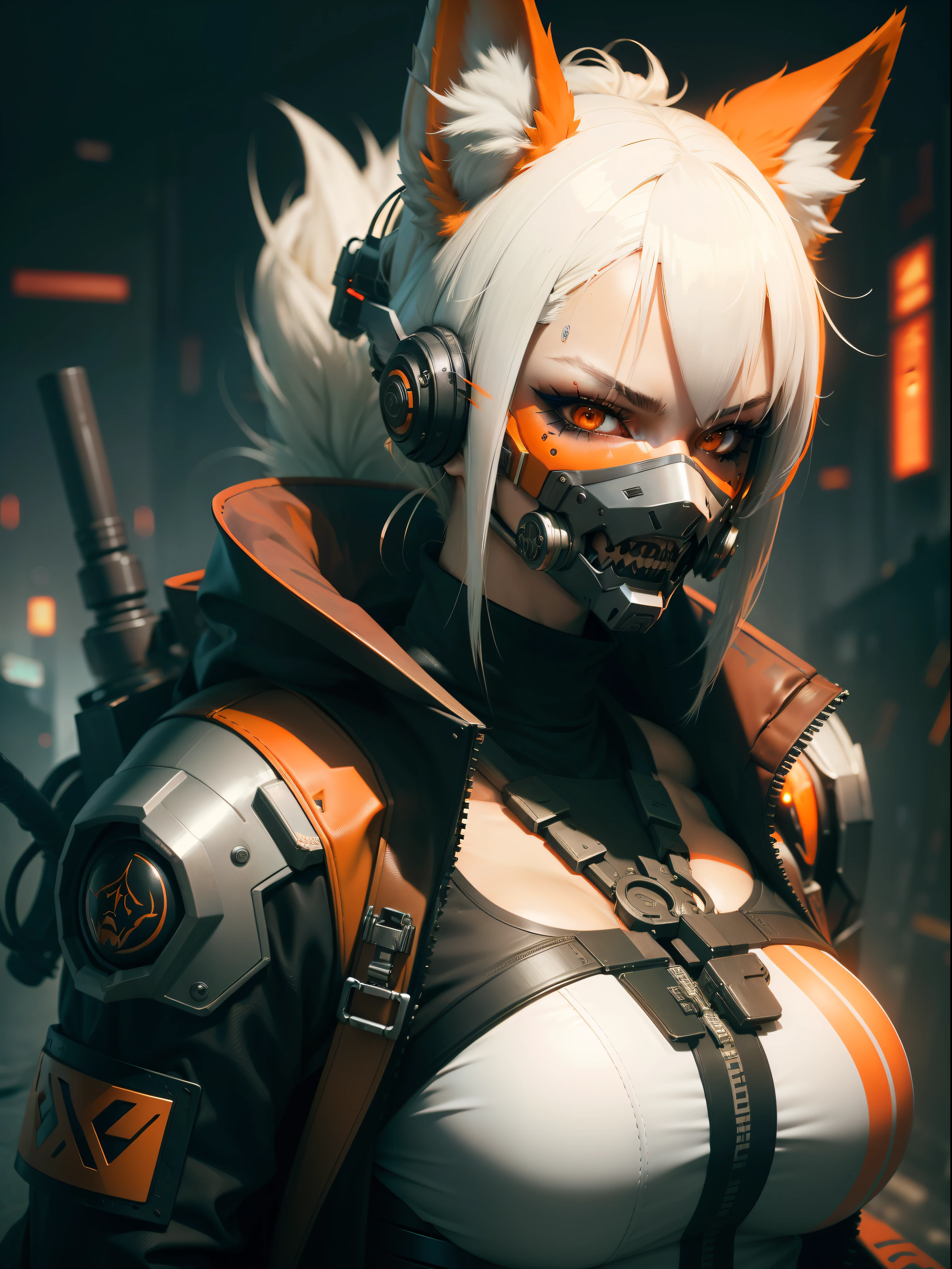 Cyberpunk, female, face, fox mask, big teeth, extremely detailed, orange and white, white hairs, pipes connected to mask, hd wallpaper