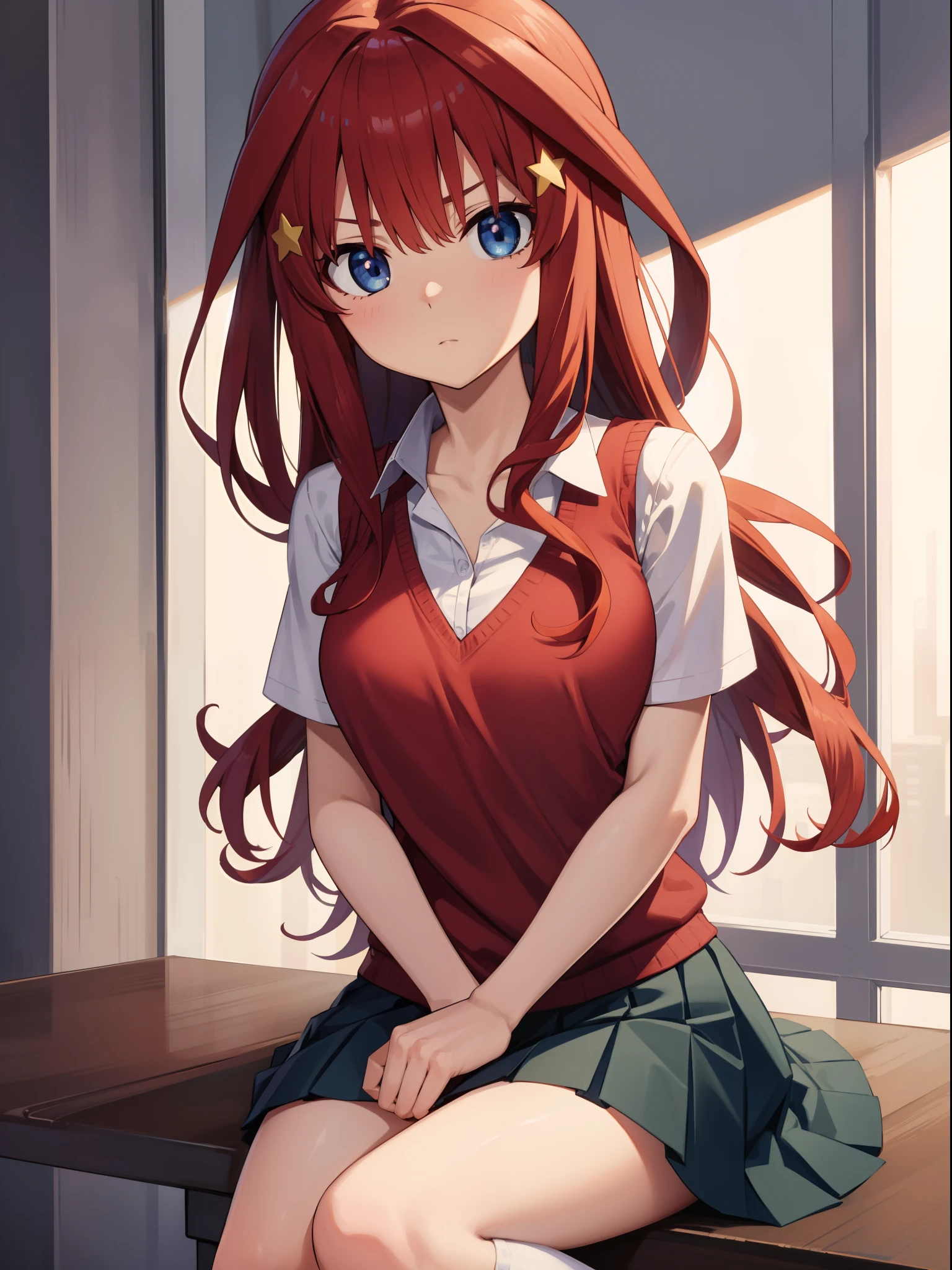 itsukinakano, itsuki nakano, bangs, blue eyes, hair between eyes, ahoge, red hair, star \(symbol\), hair ornament, star hair ornament,
BREAK skirt, shirt, school uniform, collarbone, white shirt, short sleeves, pleated skirt, socks, collared shirt, miniskirt, kneehighs, white socks, green skirt, sweater vest, red sweater vest,
BREAK indoors, school, classroom,
BREAK looking at viewer, BREAK (masterpiece:1.2), best quality, high resolution, unity 8k wallpaper, (illustration:0.8), (beautiful detailed eyes:1.6), extremely detailed face, perfect lighting, extremely detailed CG, (perfect hands, perfect anatomy),