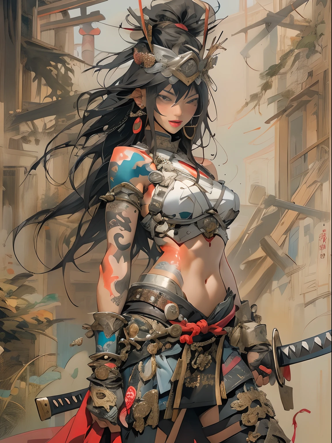 (((woman))), (((best qualityer))), (((tmasterpiece))), (((AS-Adult))), ((( Japanese ))), Look up from your knees, A beautiful asian samurai woman with perfect body, Modern samurai, ((( Asian))), Wear gloves on your hands，The left arm is made of steel and metal tips，Made of protective devices, The eyes are pulled, (( Appears below the breast )), (( Small dental floss )), Simon Bisley, Almost naked（Simon Bisley）Castle City Wilderness，For high-resolution posters, hair straight, Minimum clothing, armure (Crazy clothes ), Full of tips and rivets, tribal tattoos, (((full bodyesbian))), Straight brunette hair，Colored hair ends