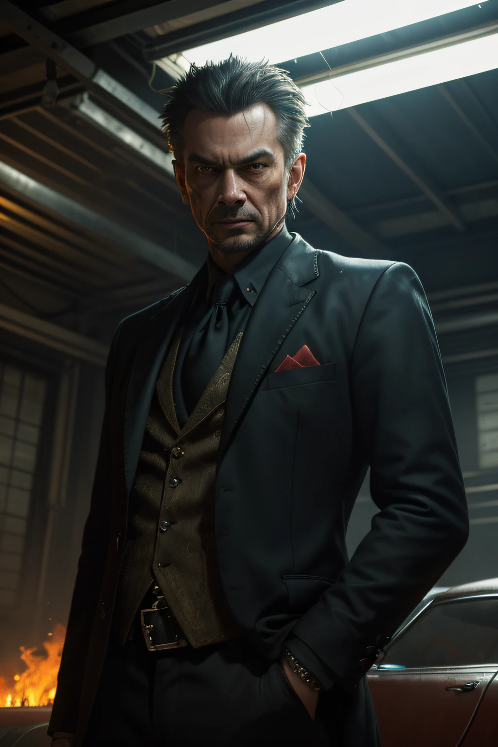 award winning photo of a mature man, sirsean,(realistic, photo-realistic:1.4),(sharp focus:1.4),
(detective:1.2), (fancy suit:1.1), smirk, (ultra detailed face and eyes:1.1), (album art:1.1), slum cyberpunk, frown, (slum old garage:1.1), (artpunk:1.0), unique pose, (trigun:1.1), (masterpiece:1.1), best quality, run-down, ultra high detail, (by antoine blanchard and casey baugh:1.1), (by zdzislaw beksinski:0.8), extremely intricate, extreme detail, raytracing, reflections, beautiful lighting, (harsh lighting:1.1), (High Saturation Clarity Contrast, deep levels, sharp, retouched, color graded:1.1), soft lighting, cinematic, (heavy contrast:1.2),dimly lit,,burning,breathing fire, explosion,fiery tail,