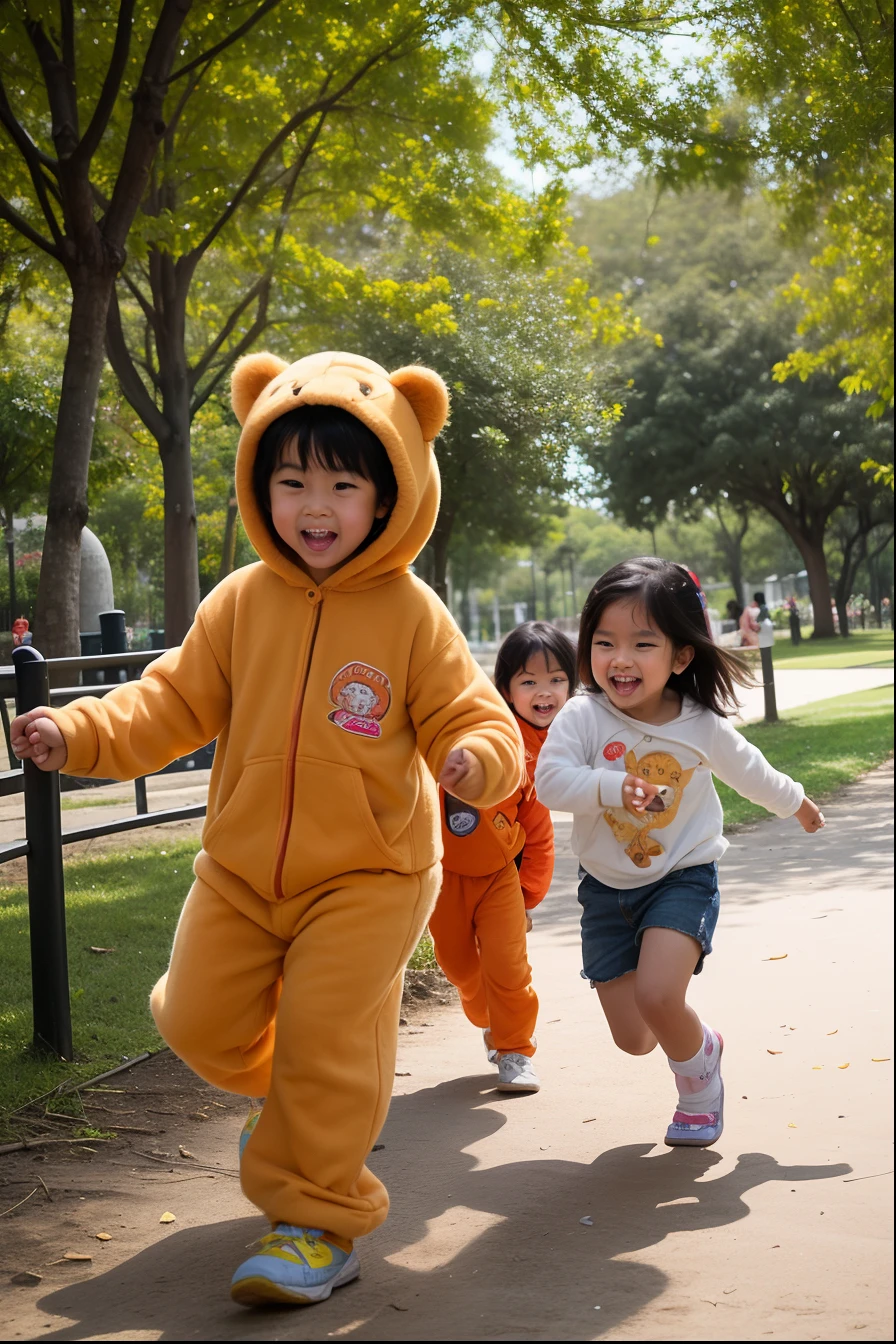 Craft a heartwarming photography artwork that features young Malay kids wearing adorable lion costume hoodies, joyfully playing in a vibrant park. Capture their innocence and enthusiasm as they engage in playful activities like hide and seek, tag, or simply running through the park. Use natural lighting to emphasize the colors and textures of their costumes and the surrounding greenery, creating a cheerful and delightful scene that brings out the pure joy of childhood