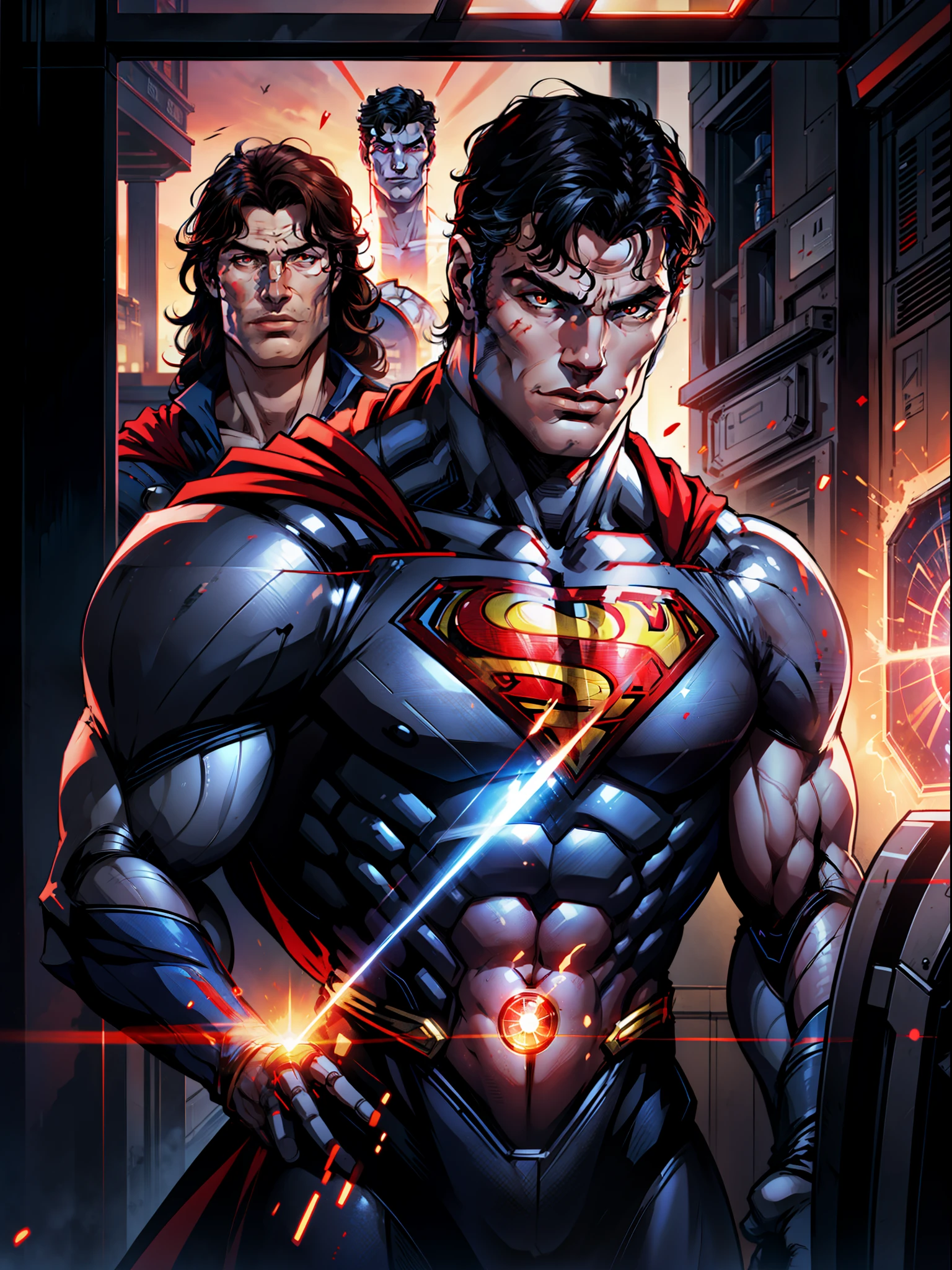 Superman as Henry Cavill, Henry Cavill Face, Human Body, Human Anatomy, with a robotic costume, Red Eye Lazer, Highly Detailed