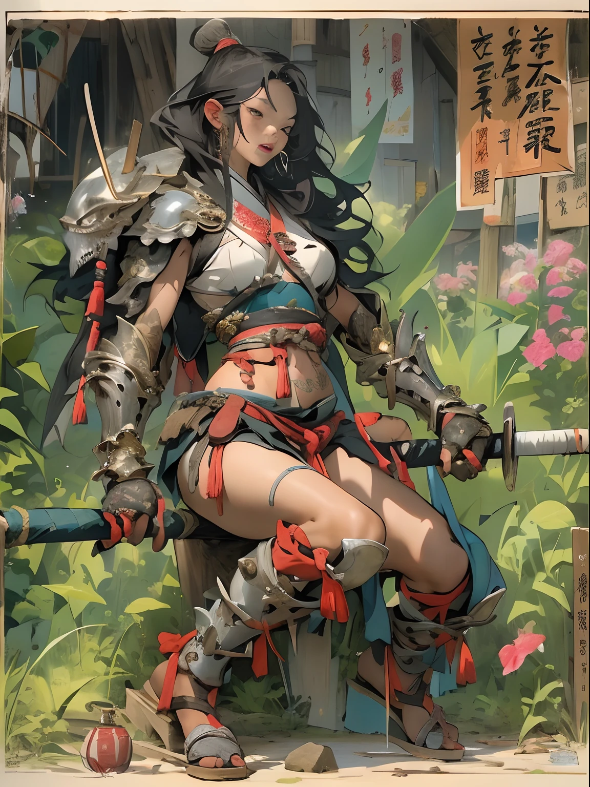 (((woman))), (((best qualityer))), (((tmasterpiece))), (((AS-Adult))), ((( Japanese ))), Look up from your knees, A beautiful asian samurai woman with perfect body, Modern samurai, ((( Asian))), Wear gloves on your hands,The left arm is made of steel and metal tips,Made of protective devices, The eyes are pulled, (( Appears below the breast )), (( Small dental floss )), Simon Bisley, Almost naked(Simon Bisley)Castle City Wilderness,For high-resolution posters, hair straight, Minimum clothing, armure (Crazy clothes ), Full of tips and rivets, tribal tattoos, (((full bodyesbian))), Straight brunette hair,Colored hair ends