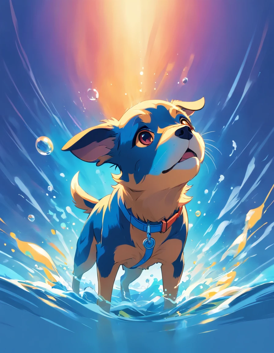 An emblematic logo of an dog of vibrant colors, water elements, simple design, vector art, minimal