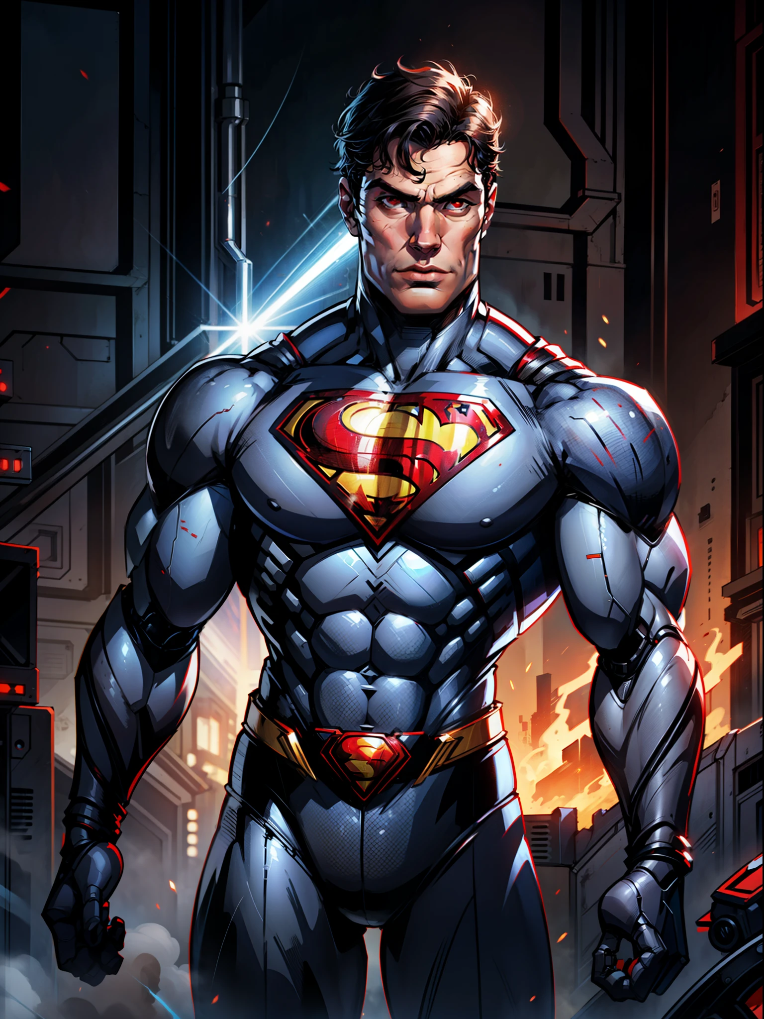 Superman as Henry Cavill, Henry Cavill Face, Human Body, Human Anatomy, with a robotic costume, Red Eye Lazer, Highly Detailed
