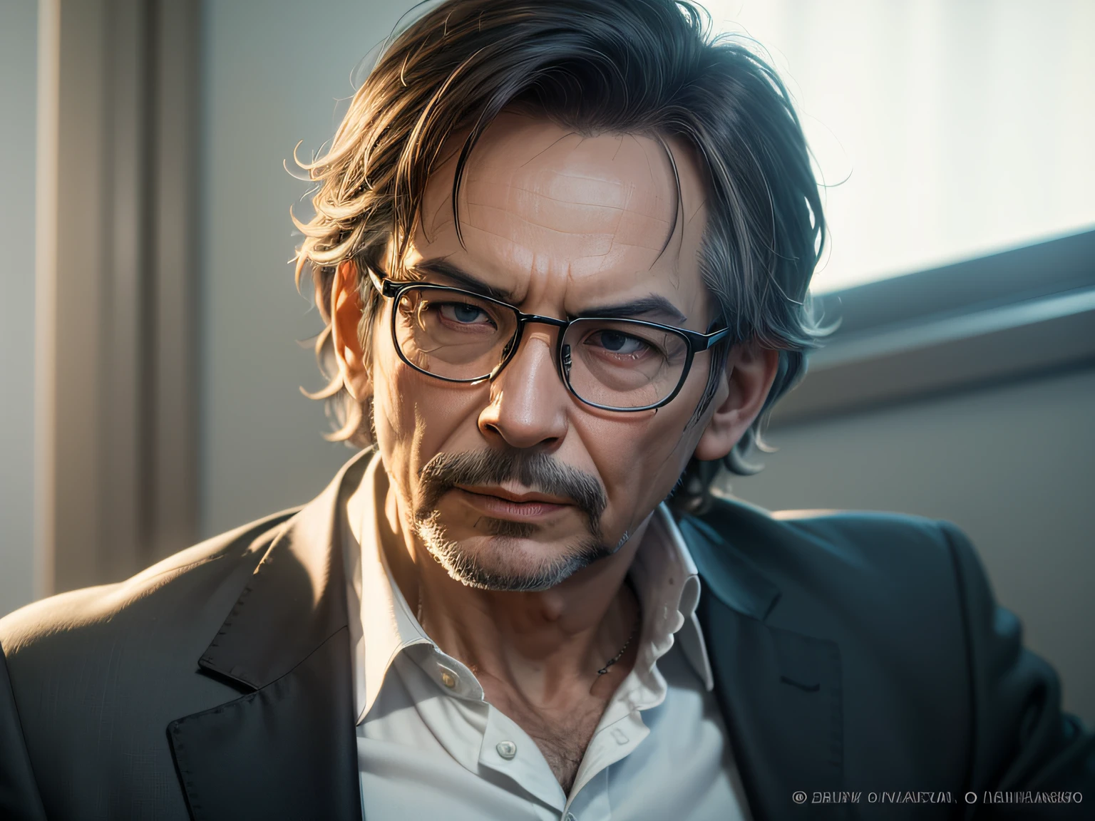 Homem, 50 anos, vestindo terno preto, eyeglass, Signing document in the office,  (obra-prima:1.1), melhor qualidade, decadente, detalhes ultra altos, (por antoine blanchard e casey baugh: 1.1), (por zdzislaw beksinski: 0.8), extremamente intrincados, detalhes extremos, ray tracing, reflexos, beautiful  lighting (intense illumination: 1.1), (High saturation clarity contrast, Deep contrast levels, clear, retocado, with color graduation: 1.1), soft-lighting, cinemactic,