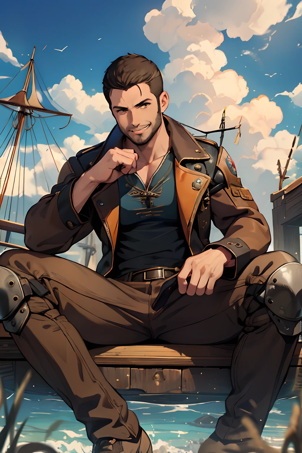 man, muscular male, big man, brown hair, very short hair, simple buzz cut, honey brown eyes, steampunk style clothes, thin beard, brown jacket, dark orange shirt, sitting, smile, enthusiastic expression, pirate ship background, cowboy shot beautiful sky, water, splash, blue sky, clouds, happiness