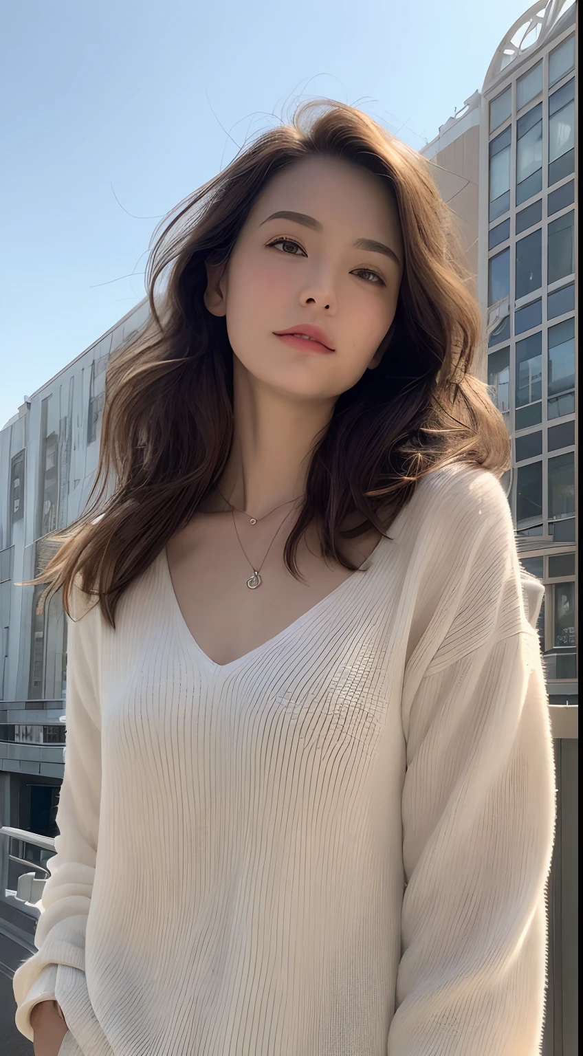 (top-quality、hight resolution、​masterpiece:1.3)、Tall and cute woman、Slender abs、Dark brown hair styled in loose waves、breastsout、Wearing a pendant、、(Modern architecture in background)、Details exquisitely rendered in the face and skin texture、A detailed eye、二重まぶた、barechested、nudde