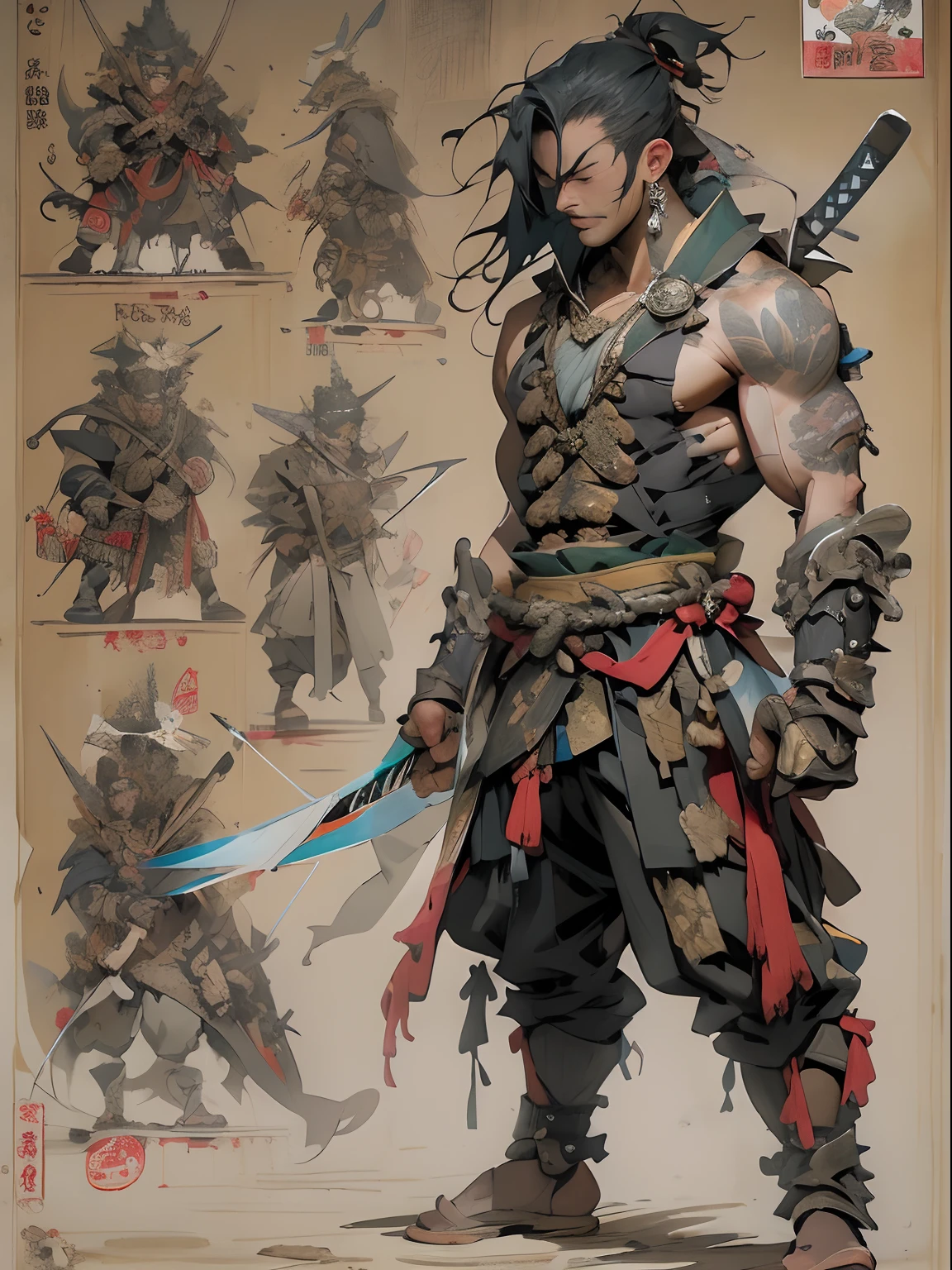 (((mtu))), (((best qualityer))), (((tmasterpiece))), (((AS-Adult))), ((( Japanese ))), Look up from your knees, Handsome Asian samurai，perfect body figure, Modern samurai, ((( Asian))), Wear gloves on your hands，The left arm is made of steel and metal tips，Made of protective devices, The eyes are pulled, (( Appears below the chest )), (( Small dental floss )), Simon Bisley, Almost naked（Simon Bisley）Castle City Wilderness，For high-resolution posters, hair straight, Minimum clothing, armure (Crazy clothes ), Full of tips and rivets, tribal tattoos, (((full bodyesbian))), Straight brunette hair，Colored hair ends