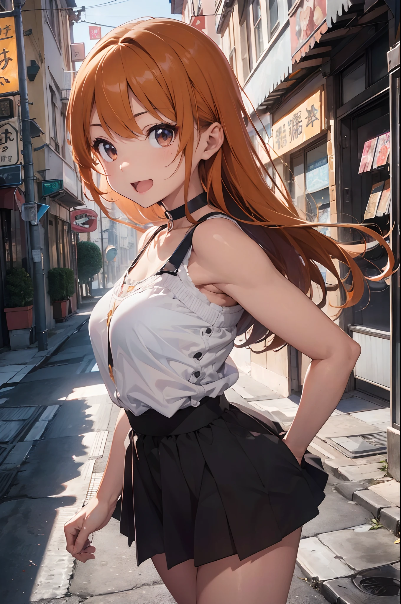 Anime girl, orange hair, sweater dress, standing, full body shot, large breasts, skinny, 1girl