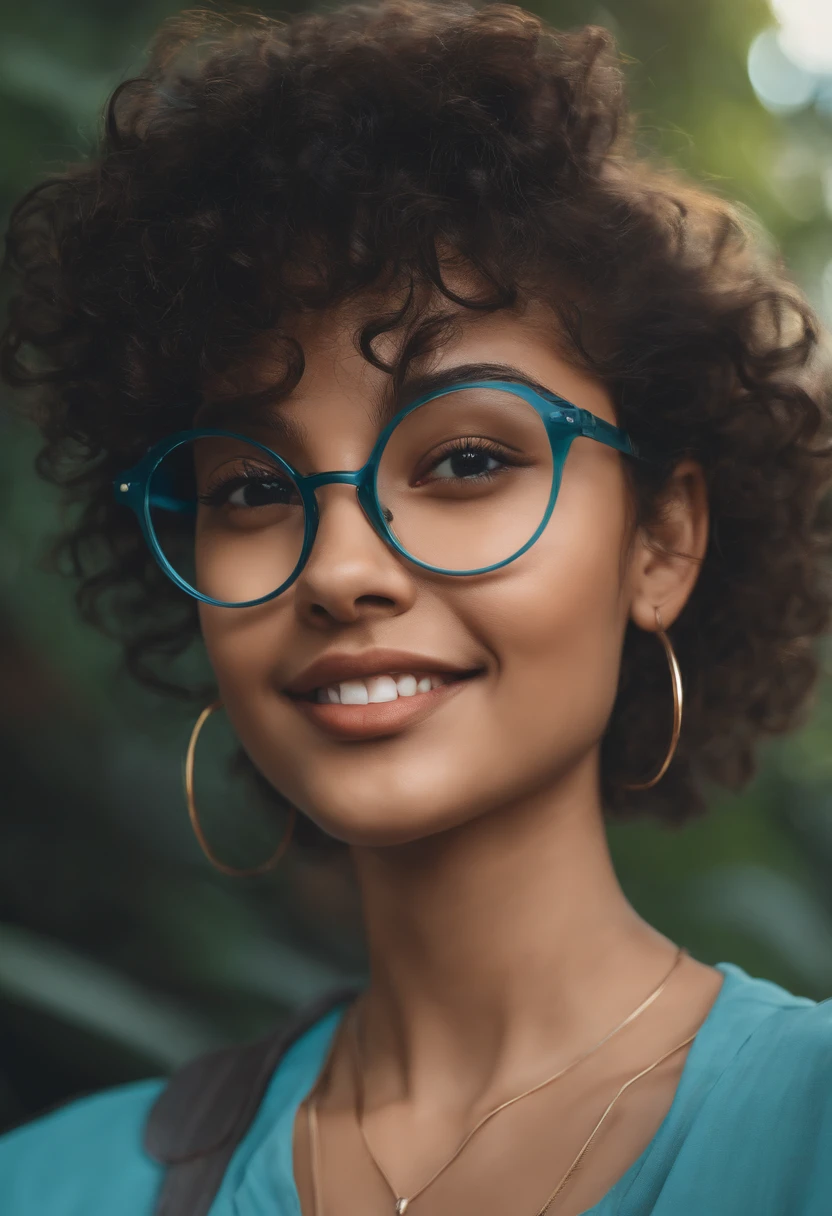 1girl, rounded glasses, big glasses, smiling, looking at the camera, short messy hair, dark-skinned, rounded eyes, cyan blue shirt, black shorts, close up, magazine shot, dynamic pose