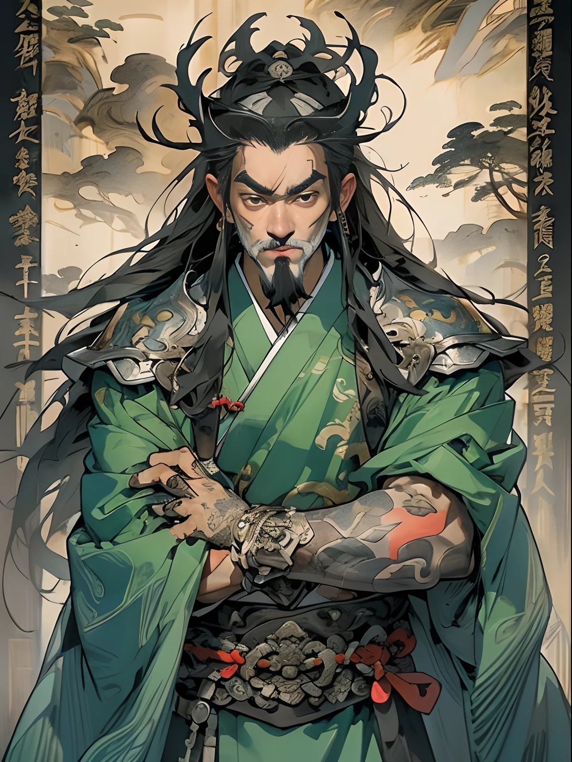 (((China-style,Ink painting method,Half-length portrait,Intense color,Han dynasty, China,Hanfu,Armor,Guan yu,Guan Yunchang,of a guy,Ruddy killing square face,Hold the Blue Dragon Moon Knife in his right hand,Stroke your beard with your left hand,Long hair,petty eyes,Green robe))), (((best qualityer))), (((tmasterpiece))), (((AS-Adult))), ((( Japanese ))), Look up from your knees, Handsome Asian samurai,perfect body figure, Modern samurai, ((( Asian))), Wear gloves on your hands,The left arm is made of steel and metal tips,Made of protective devices, The eyes are pulled, (( Appears below the chest )), (( Small dental floss )), Simon Bisley, Almost naked(Simon Bisley)Castle City Wilderness,For high-resolution posters, hair straight, Minimum clothing, armure (Crazy clothes ), Full of tips and rivets, tribal tattoos, (((full bodyesbian))), Straight brunette hair,Colored hair ends