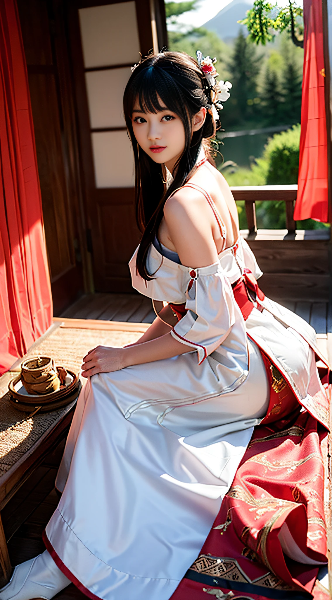 ((1girl)), solo, recine on bed, bed in garden,(half ),holding, round fan, paper fan, thin hanfu, smoky, ((red curtain)), red lantern, (bamboo), tile roof, silk hanfu, off shoulders,dudou, ass, legs,chinese painting, gongbi style, water color, (trees, artificial mountain,flowers, green leaves), wooden windows, doors, bed, stone,trandional architecture, wall, chinese garden, long hair, looking at eachother, full body, breasts, lips, bangs, nose, closed mouth, medium breasts, (masterpiece, Extremely detailed, best quality, highres:1.2),(ultra_detailed, UHD:1.2),(pixiv:1.3),perfect illumination,distinct ,perfect face,detailed face,beautiful eyes,(bright skin:1.3),idol,(abs),ulzzang-6500-v1.1, pureerosface_v1, soft smile,