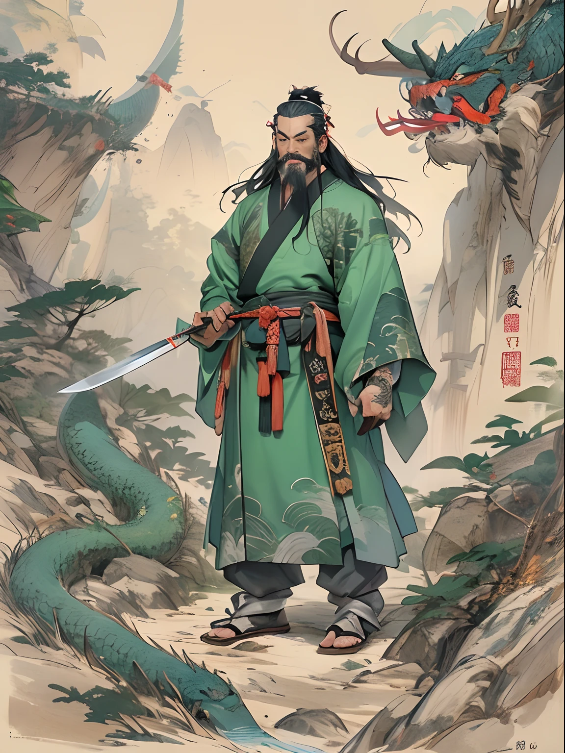 (((China-style，Ink painting method，Half-length portrait，Intense color，Han dynasty, China，Hanfu，Armor，Guan yu，Guan Yunchang，of a guy，Ruddy killing square face，Hold the Blue Dragon Moon Knife in his right hand，Stroke your beard with your left hand，Long hair，petty eyes，Green robe))), (((best qualityer))), (((tmasterpiece))), (((AS-Adult))), ((( Japanese ))), Look up from your knees, Handsome Asian samurai，perfect body figure, Modern samurai, ((( Asian))), Wear gloves on your hands，The left arm is made of steel and metal tips，Made of protective devices, The eyes are pulled, (( Appears below the chest )), (( Small dental floss )), Simon Bisley, Almost naked（Simon Bisley）Castle City Wilderness，For high-resolution posters, hair straight, Minimum clothing, armure (Crazy clothes ), Full of tips and rivets, tribal tattoos, (((full bodyesbian))), Straight brunette hair，Colored hair ends