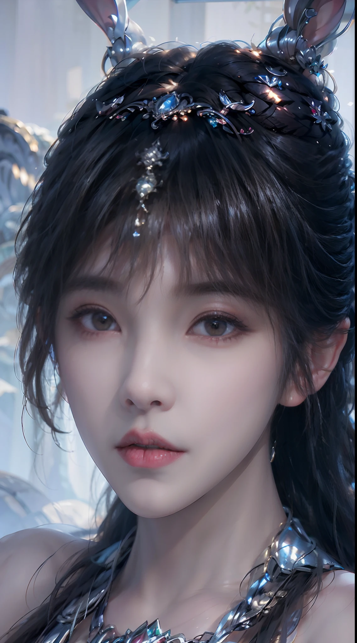 a close up of a woman with a bunny ear and a sword, queen of the sea mu yanling, Portrait Chevaliers du Zodiaque Fille, lineage 2 revolution style, Smooth anime CG art, Game CG, a beautiful fantasy empress, intricate ornate anime cgi style, drak, cinematic goddess close shot, Anime goddess, Waifu, photorealistic anime girl rendering