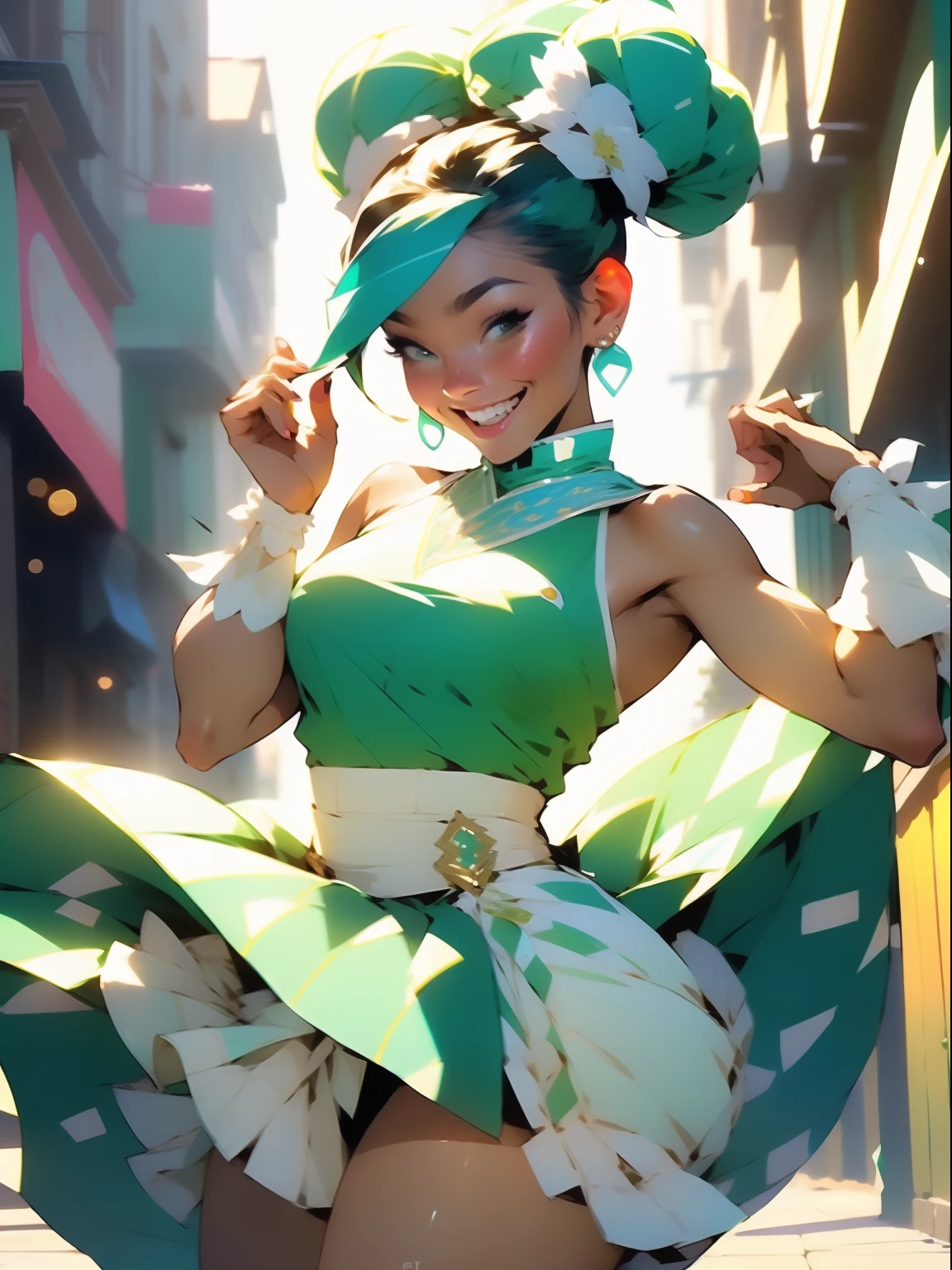 (((best quality))) (( smiling young woman )) ((bun hairstyle)) performing traditional, dance (( open street)) white ornate bodysuit, ((( green turquoise short satin skirt ))) ((( upskirt ))) ((white panties)) sexy upbeat pose, festive atmosphere, beautiful faces, niji --V5 (cartoon:0.8), (dynamic pose:1.2)