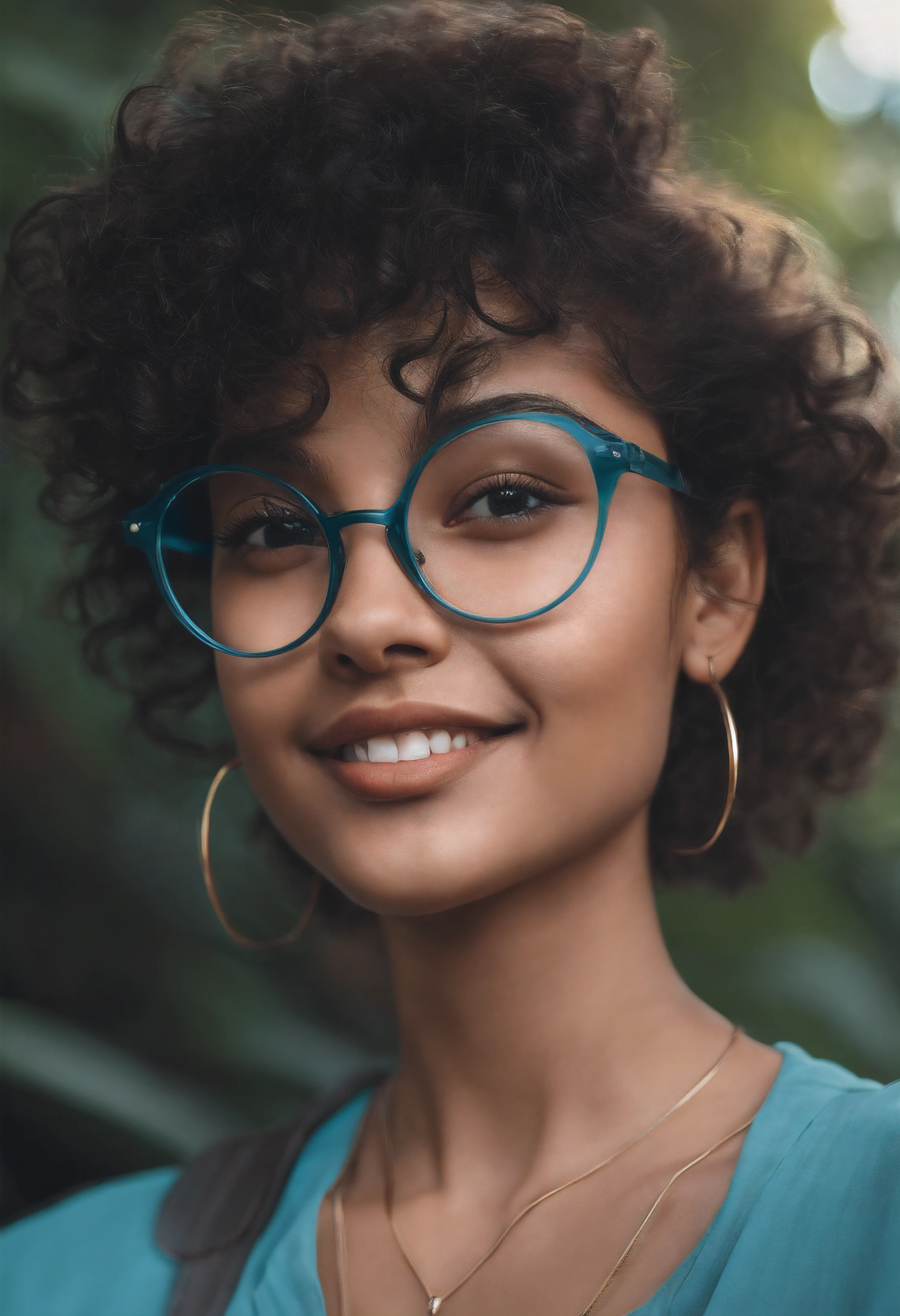 1girl, rounded glasses, big glasses, smiling, looking at the camera, short messy hair, dark-skinned, rounded eyes, cyan blue shirt, black shorts, close up, magazine shot, dynamic pose