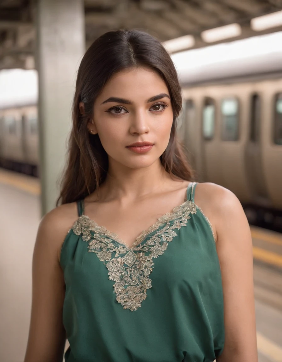 a lady in a top and shorts is posing in the subway station, in the style of light white and dark green, traditional mexican style, strong facial expression, panasonic lumix s pro 50mm f/1.4, beautiful women, focus stacking, indian pop culture