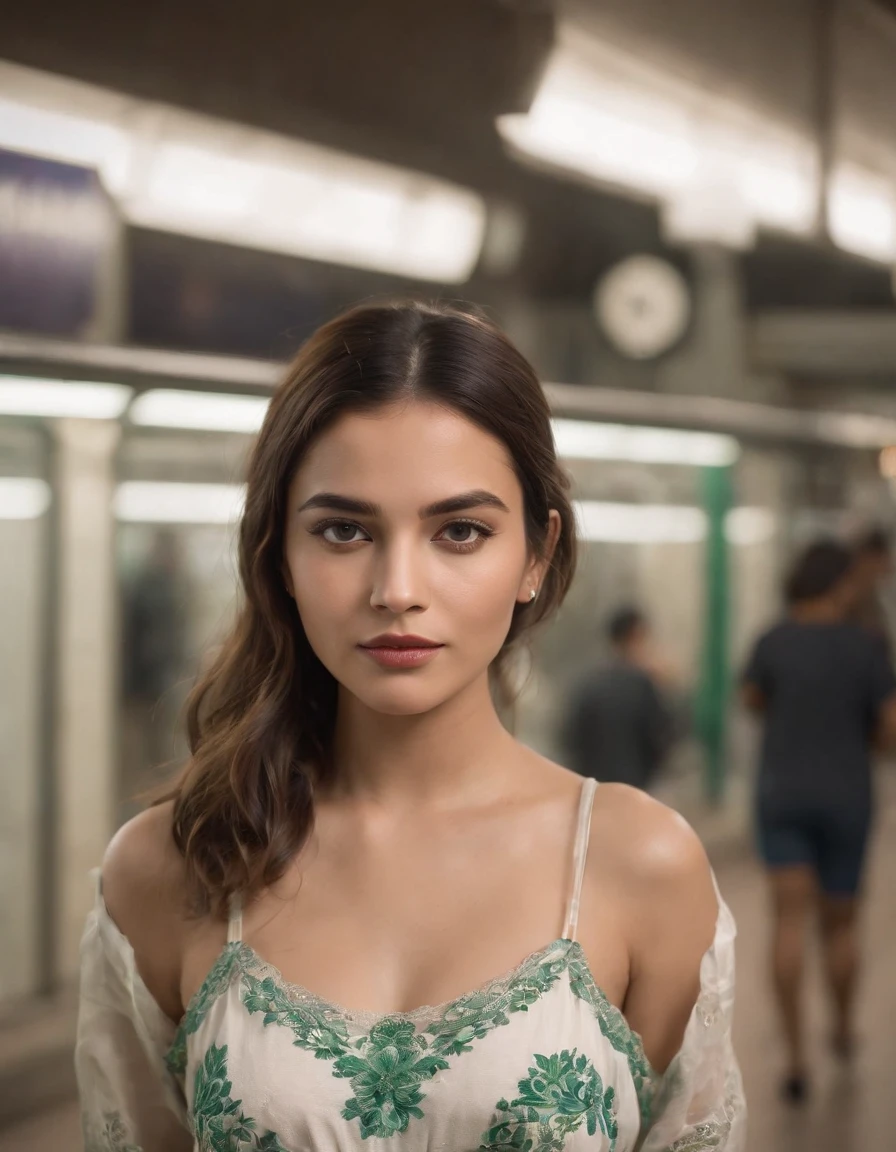 a lady in a top and shorts is posing in the subway station, in the style of light white and dark green, traditional mexican style, strong facial expression, panasonic lumix s pro 50mm f/1.4, beautiful women, focus stacking, indian pop culture