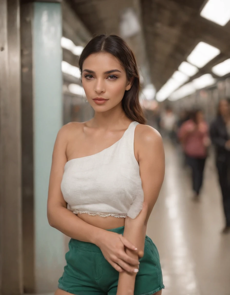 a lady in a top and shorts is posing in the subway station, in the style of light white and dark green, traditional mexican style, strong facial expression, panasonic lumix s pro 50mm f/1.4, beautiful women, focus stacking, indian pop culture
