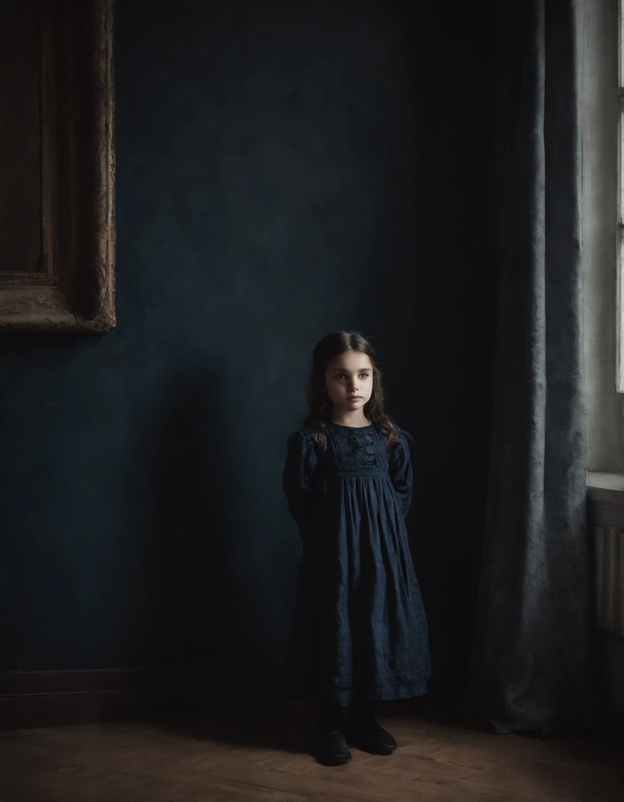 a children's overall hangs on the wall, in the style of dark indigo and black, gothic undertones, rusticcore, pure color, velvety textures, striped, warmcore