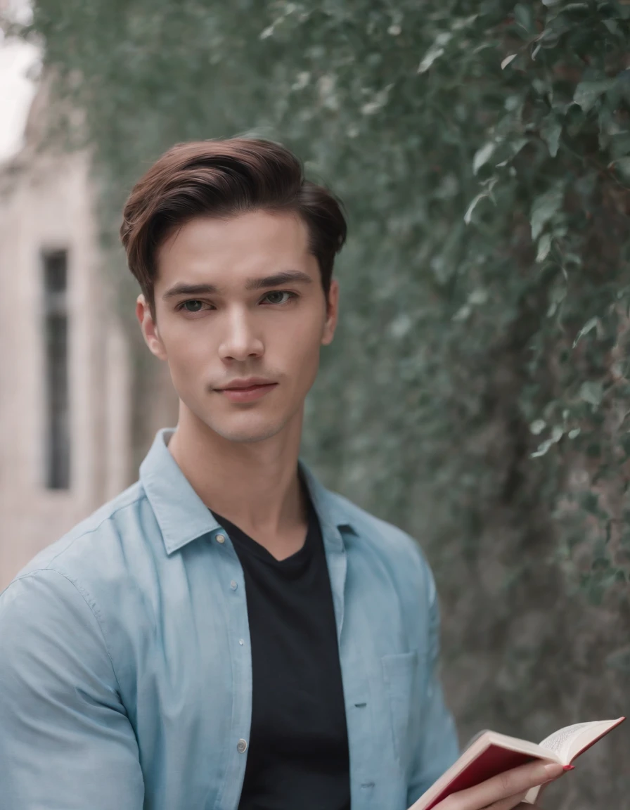 a man is leaning against a wall and holding a book, in the style of dark pink and sky-blue, neo-pop, vibrant stage backdrops, captivating gaze, warmcore, louis, dappled