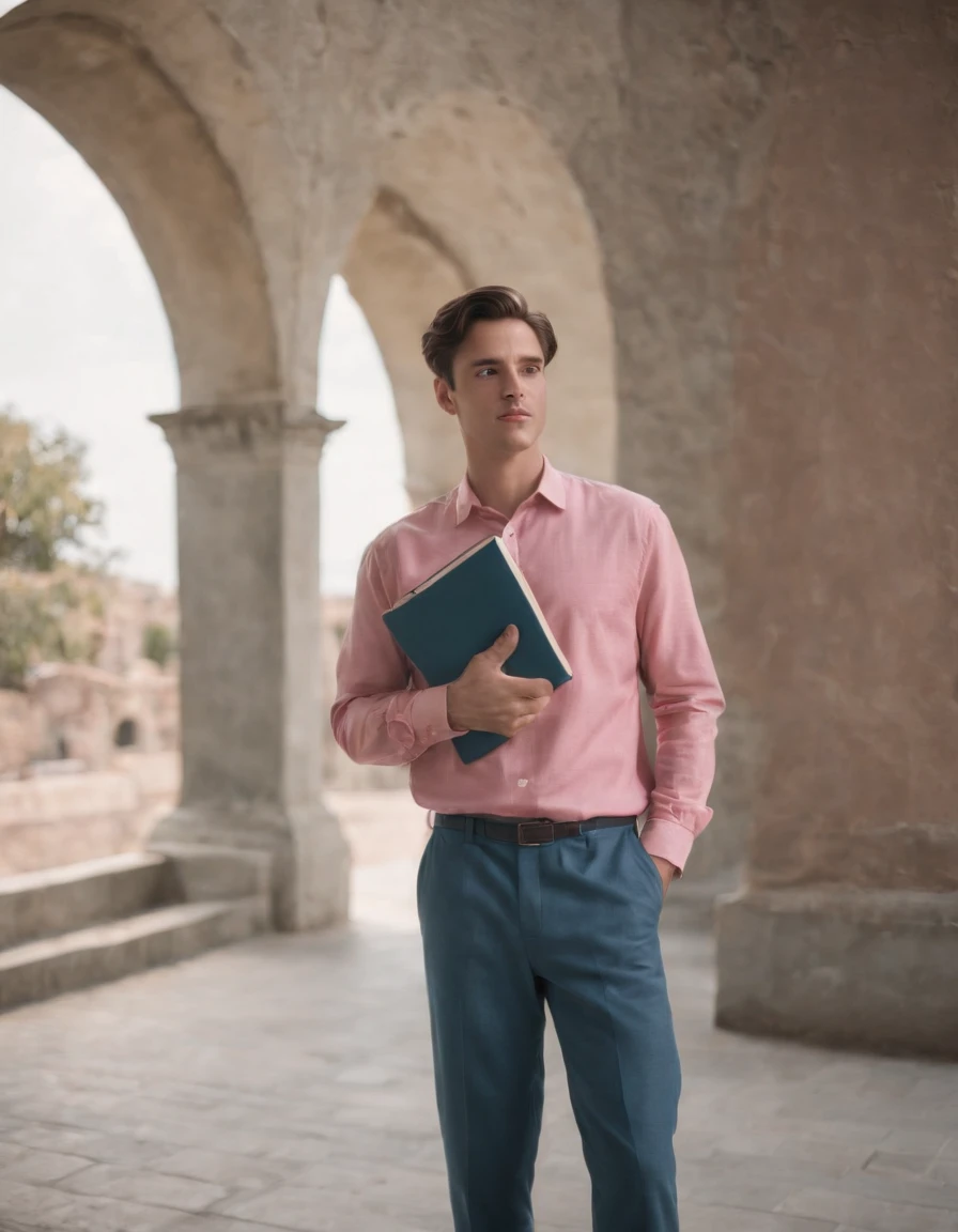 a man is leaning against a wall and holding a book, in the style of dark pink and sky-blue, neo-pop, vibrant stage backdrops, captivating gaze, warmcore, louis, dappled