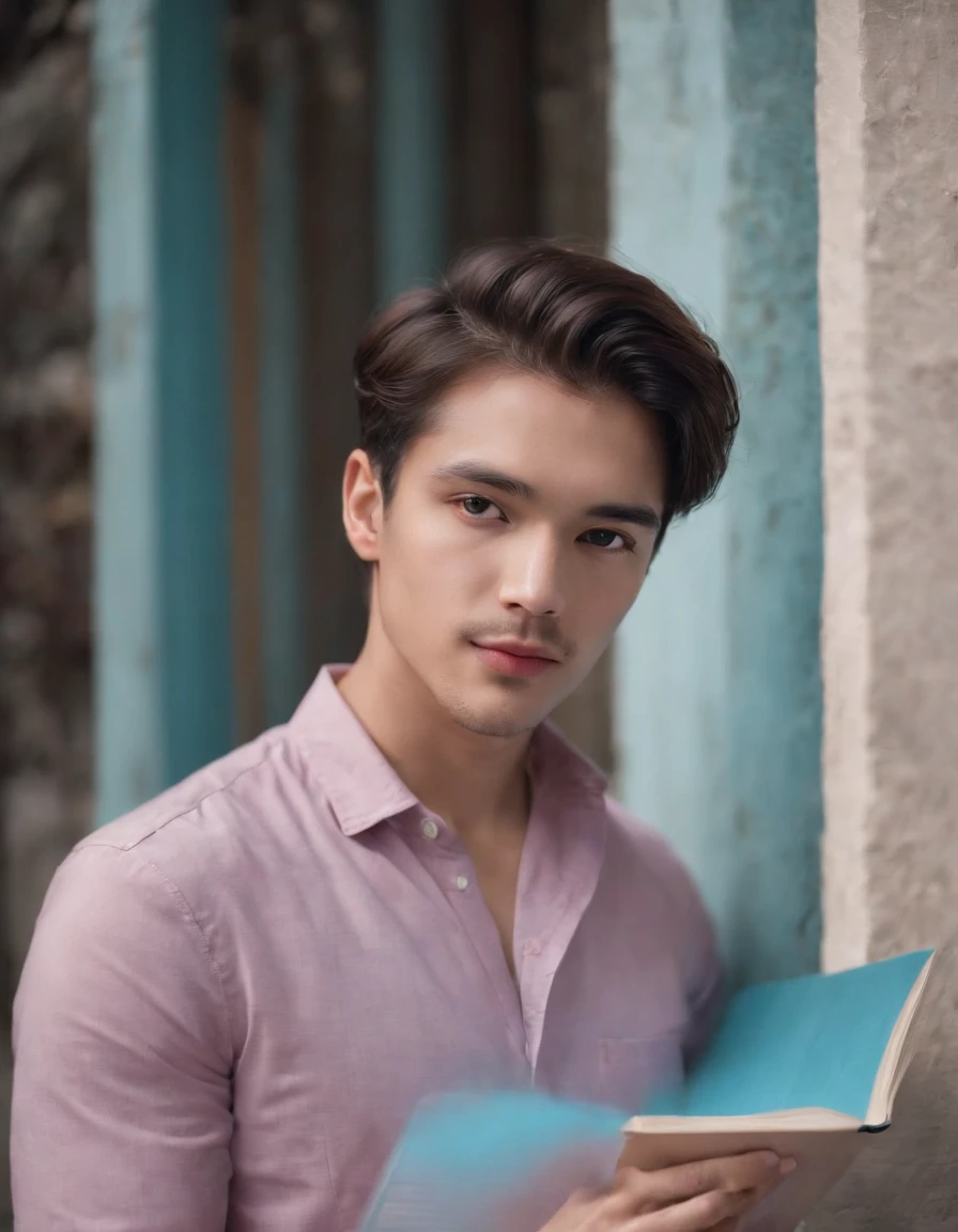 a man is leaning against a wall and holding a book, in the style of dark pink and sky-blue, neo-pop, vibrant stage backdrops, captivating gaze, warmcore, louis, dappled