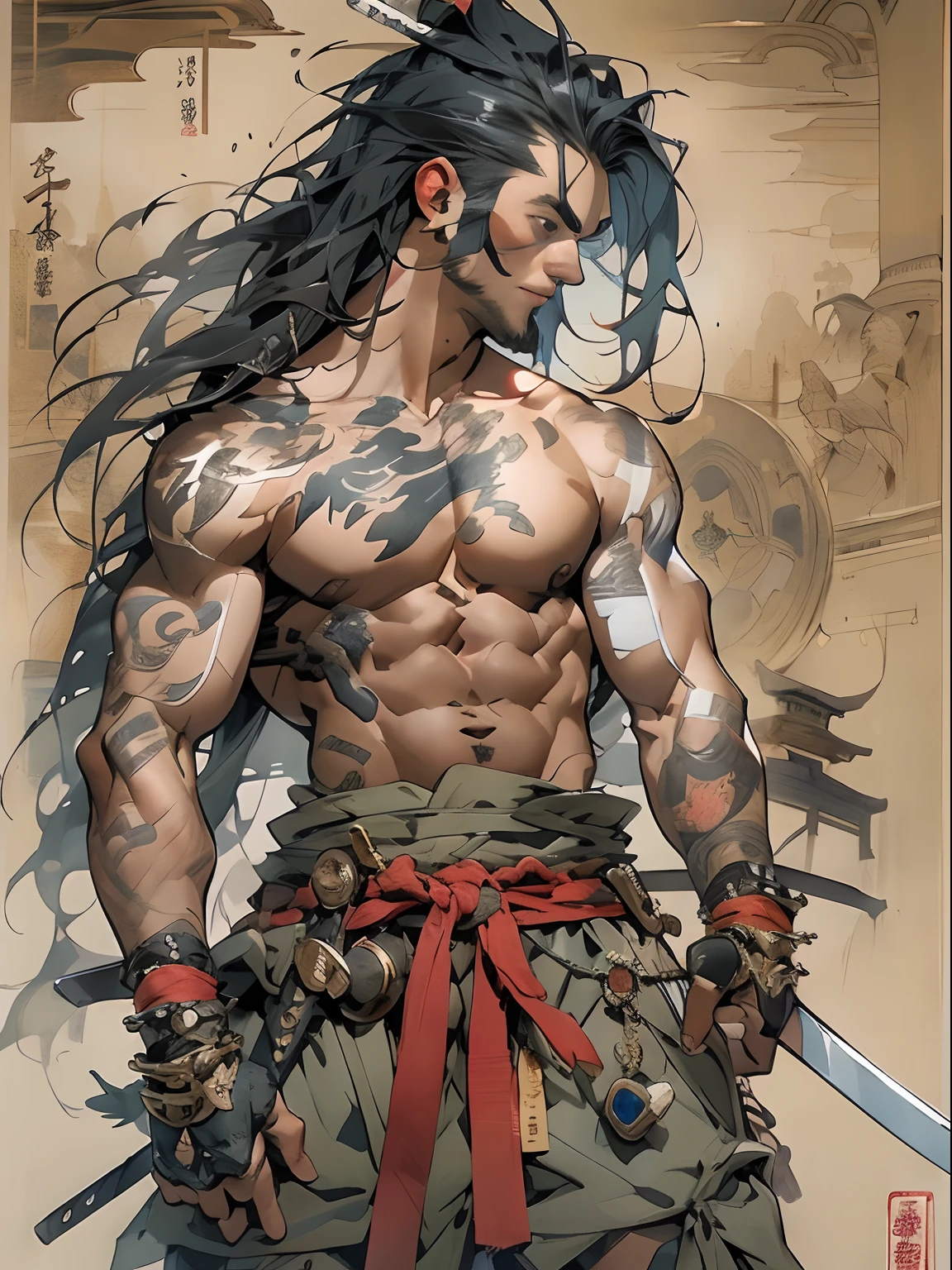 (((mtu))), (((best qualityer))), (((tmasterpiece))), (((AS-Adult))), ((( Japanese ))), Look up from your knees, Handsome Asian samurai,perfect body figure, Modern samurai, ((( Asian))), Wear gloves on your hands,The left arm is made of steel and metal tips,Made of protective devices, The eyes are pulled, (( Appears below the chest )), (( Small dental floss )), Simon Bisley, Almost naked(Simon Bisley)Castle City Wilderness,For high-resolution posters, hair straight, Minimum clothing, armure (Crazy clothes ), Full of tips and rivets, tribal tattoos, (((full bodyesbian))), Straight brunette hair,Colored hair ends